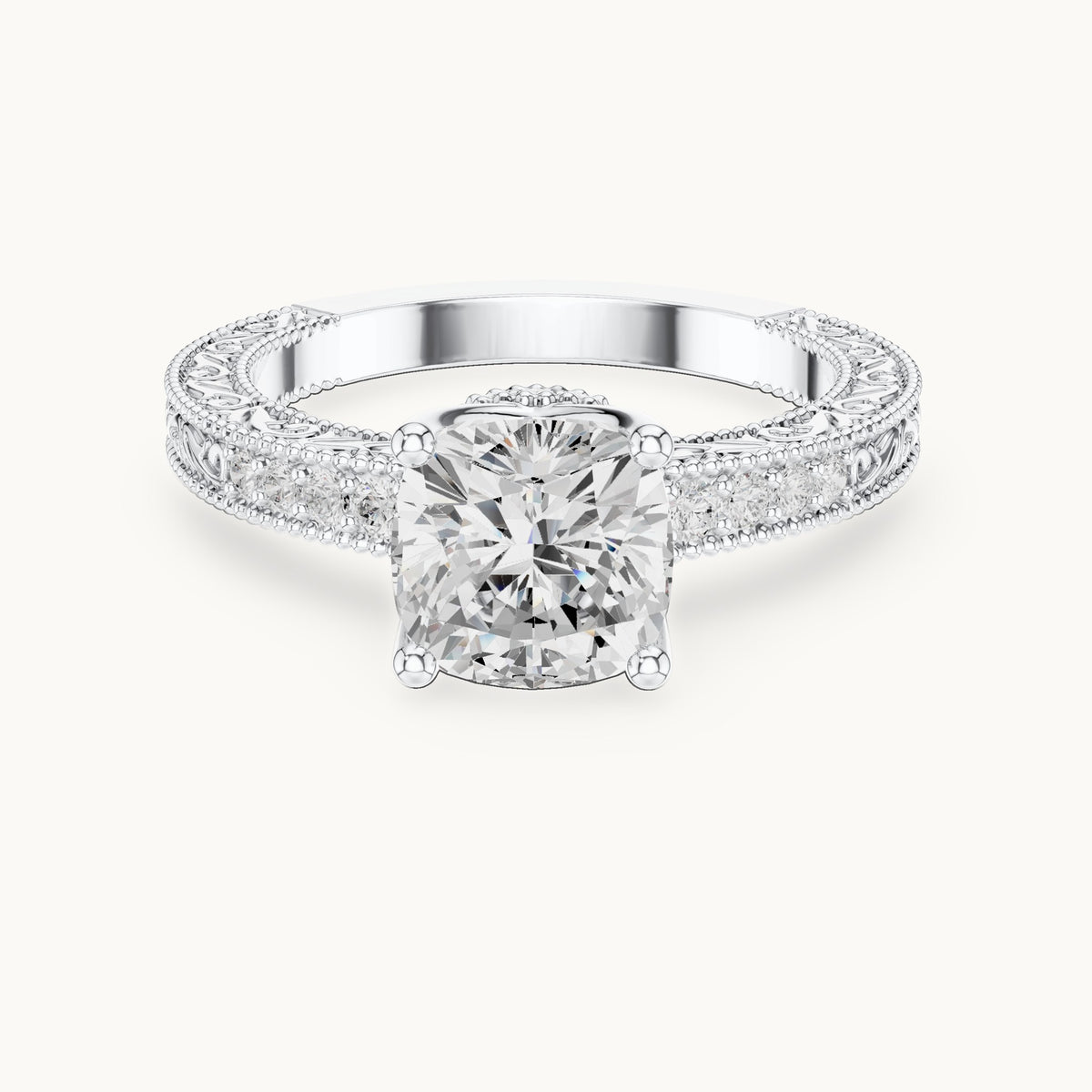 Cushion-cut and round lab-grown diamond vintage engraved engagement ring in white gold, 1.97 CT TW, view 4