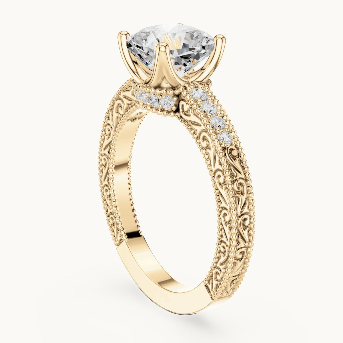 Cushion-cut and round lab-grown diamond vintage engraved engagement ring in yellow gold, 1.97 CT TW, view 1