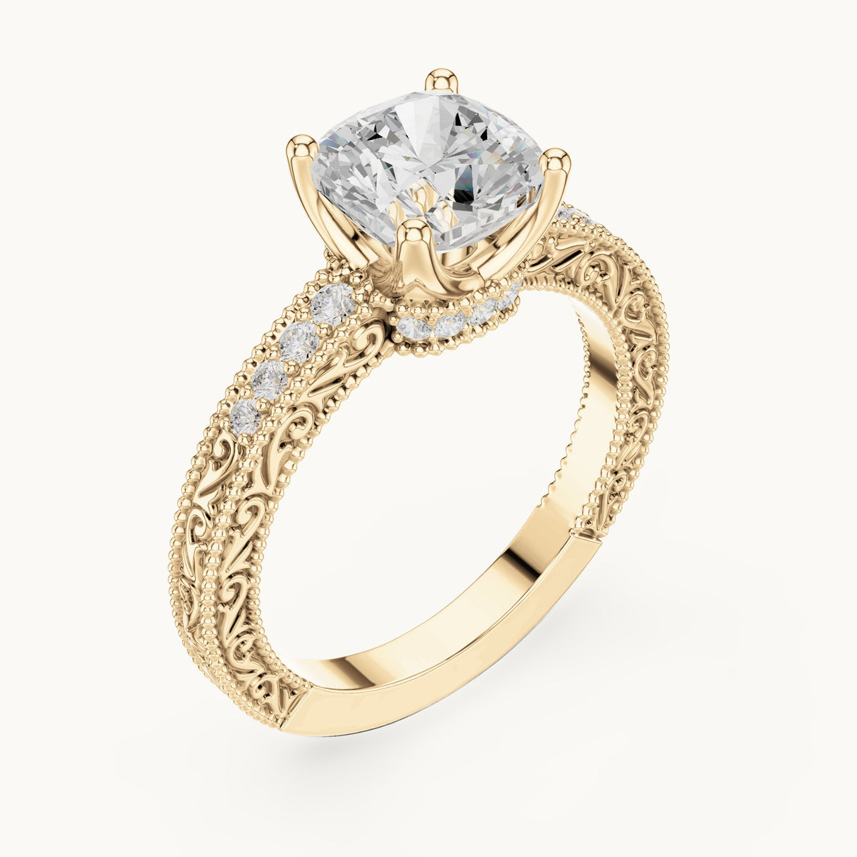 Cushion-cut and round lab-grown diamond vintage engraved engagement ring in yellow gold, 1.97 CT TW, view 2