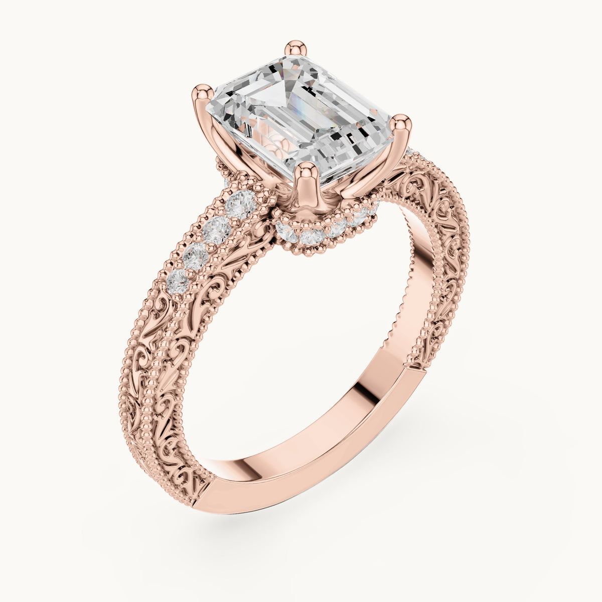 Emerald-cut and round lab-grown diamond vintage engraved engagement ring in rose gold, 2.294 CT TW, view 2