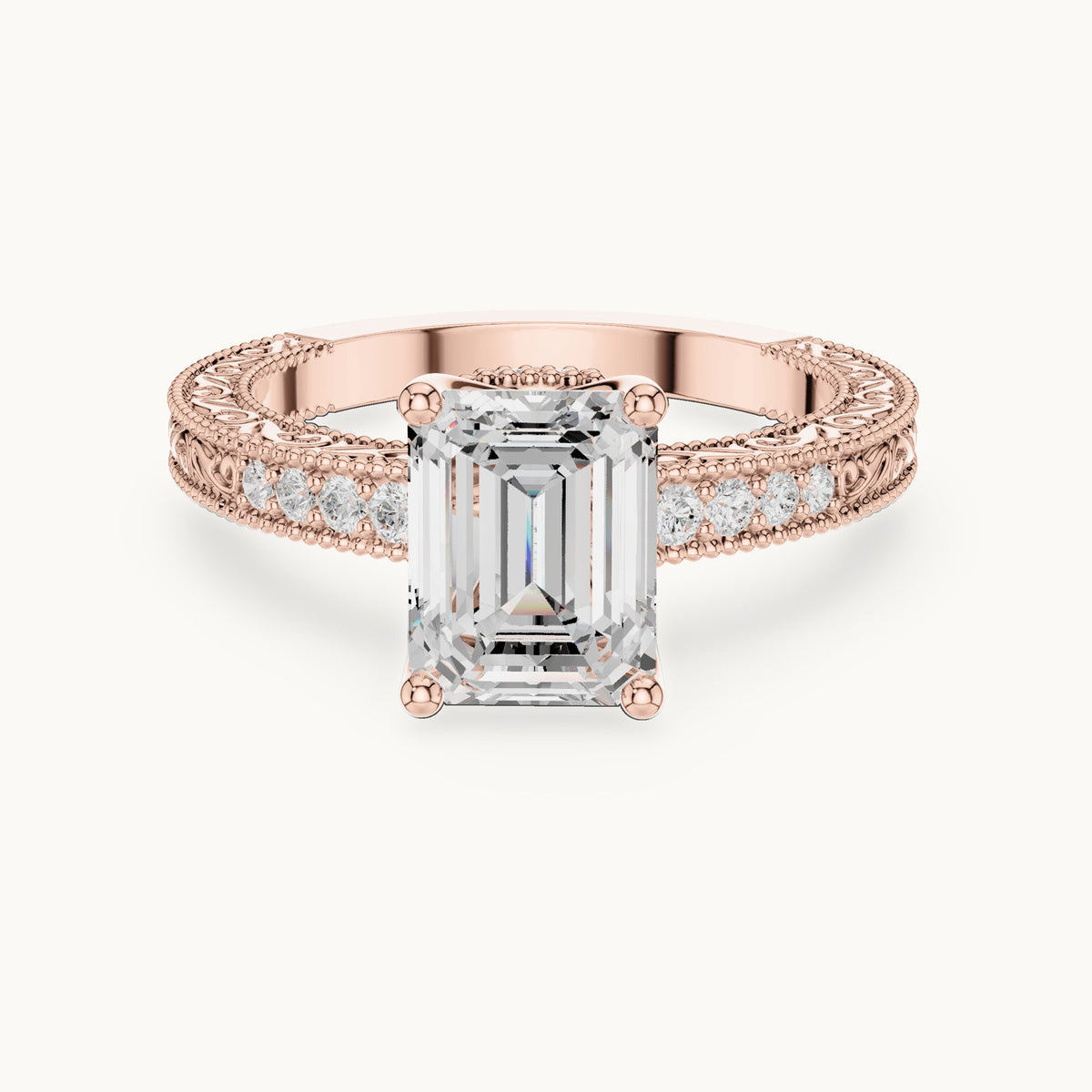 Emerald-cut and round lab-grown diamond vintage engraved engagement ring in rose gold, 2.294 CT TW, view 4