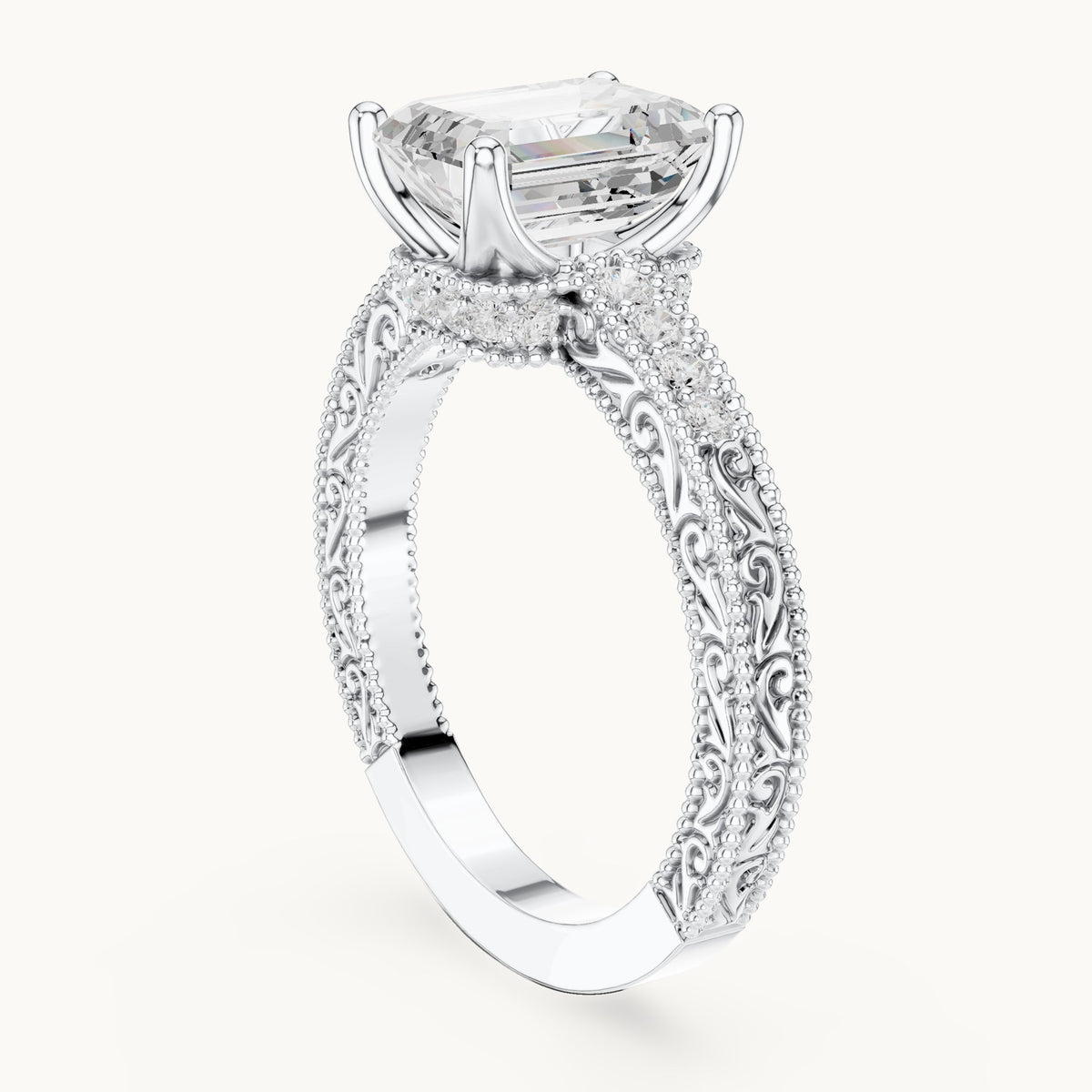 Emerald-cut and round lab-grown diamond vintage engraved engagement ring in white gold, 2.294 CT TW, view 1