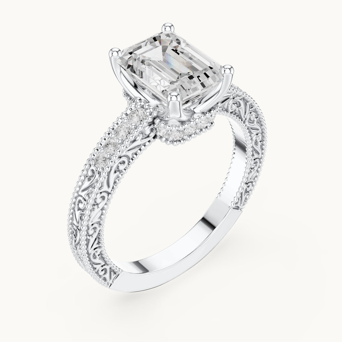 Emerald-cut and round lab-grown diamond vintage engraved engagement ring in white gold, 2.294 CT TW, view 2