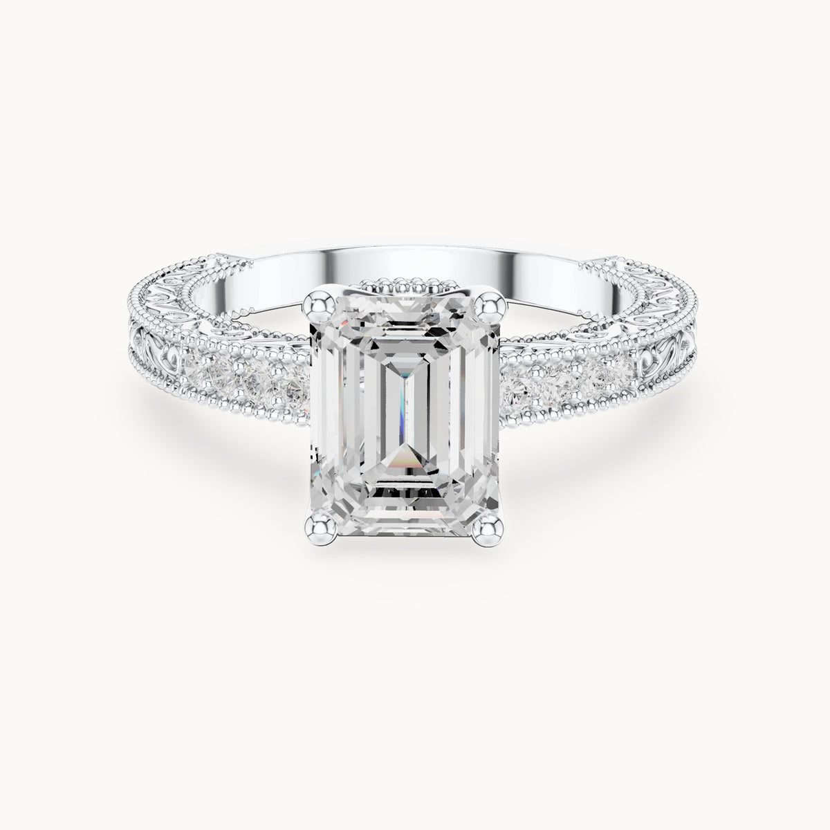 Emerald-cut and round lab-grown diamond vintage engraved engagement ring in white gold, 2.294 CT TW, view 4