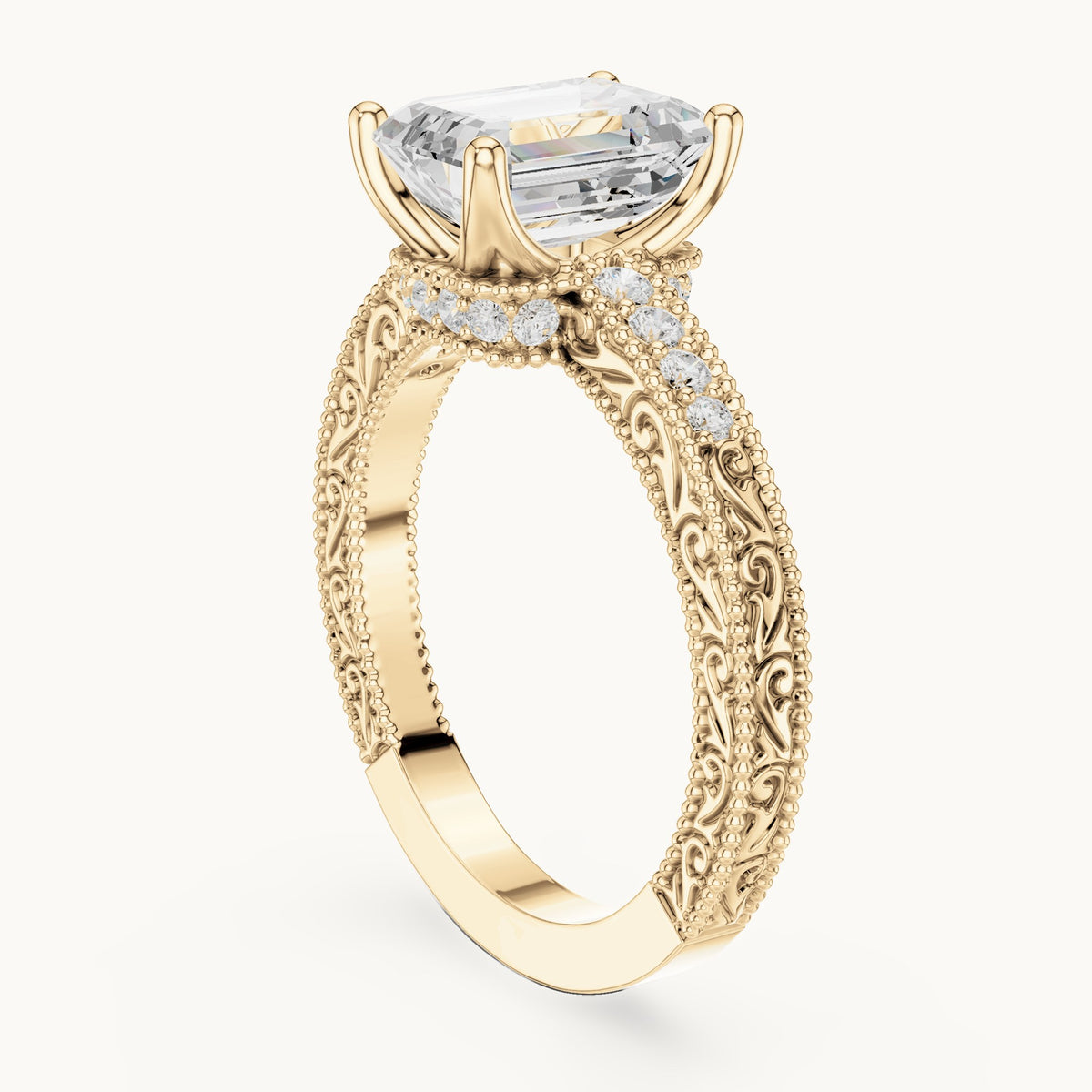 Emerald-cut and round lab-grown diamond vintage engraved engagement ring in yellow gold, 2.294 CT TW, view 1