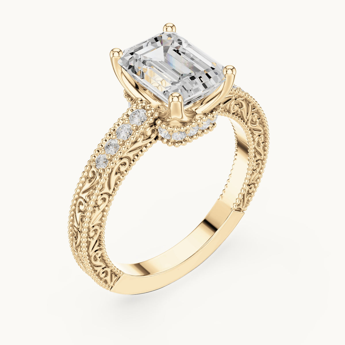 Emerald-cut and round lab-grown diamond vintage engraved engagement ring in yellow gold, 2.294 CT TW, view 2