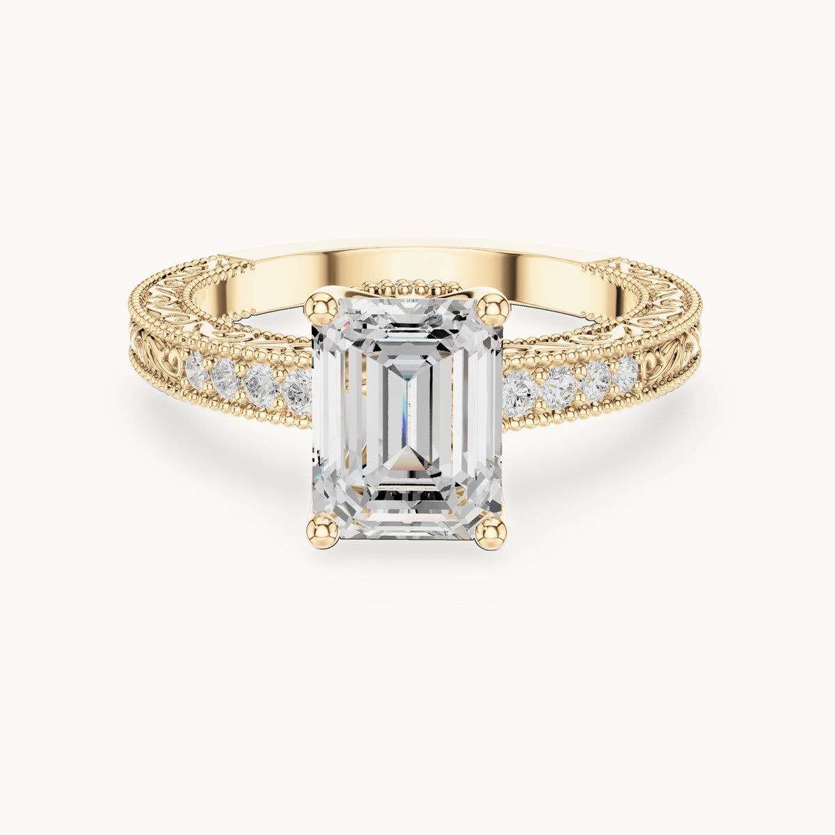 Emerald-cut and round lab-grown diamond vintage engraved engagement ring in yellow gold, 2.294 CT TW, view 4