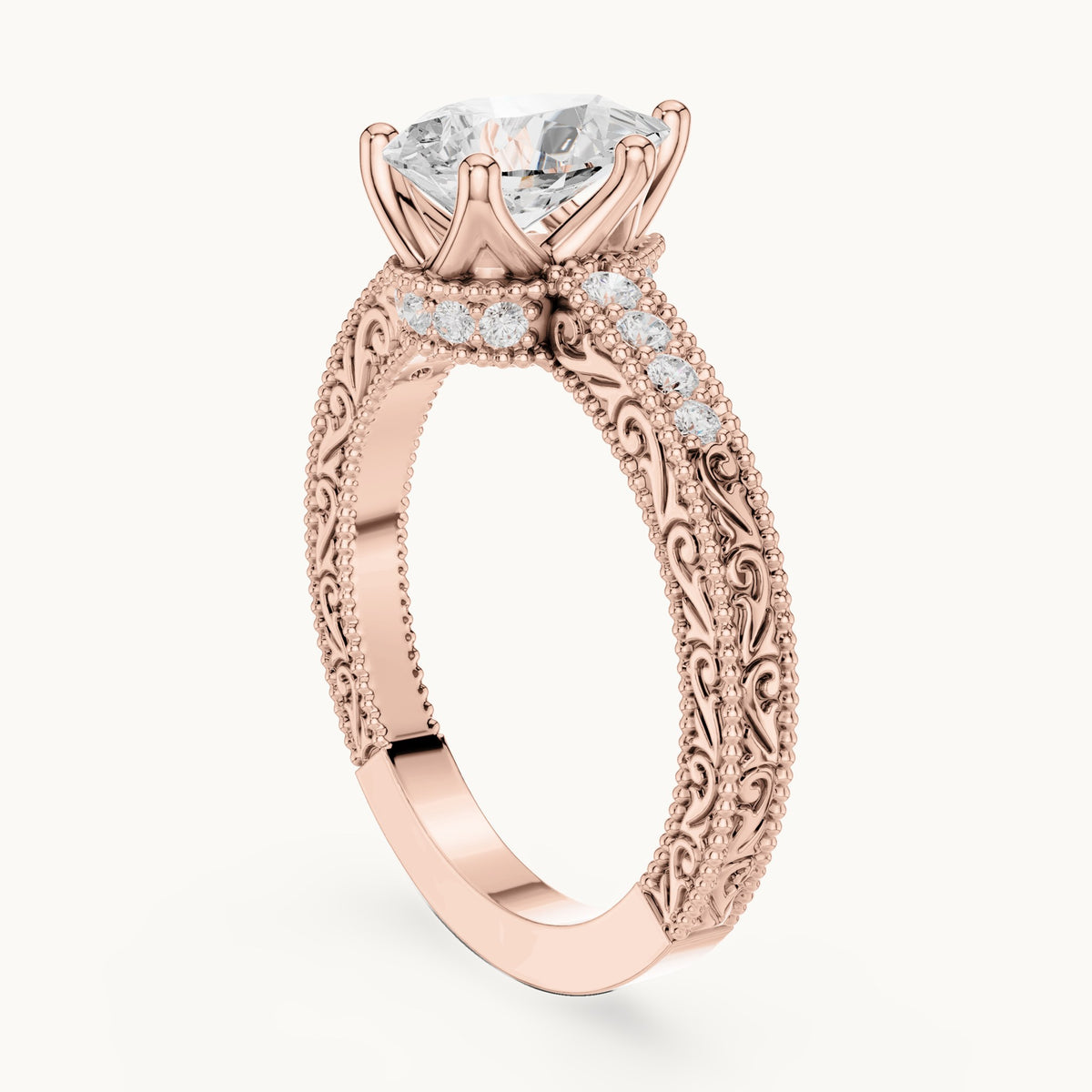 Pear and round lab-grown diamond vintage engraved pavé engagement ring in rose gold, 1.386 CT TW, view 1