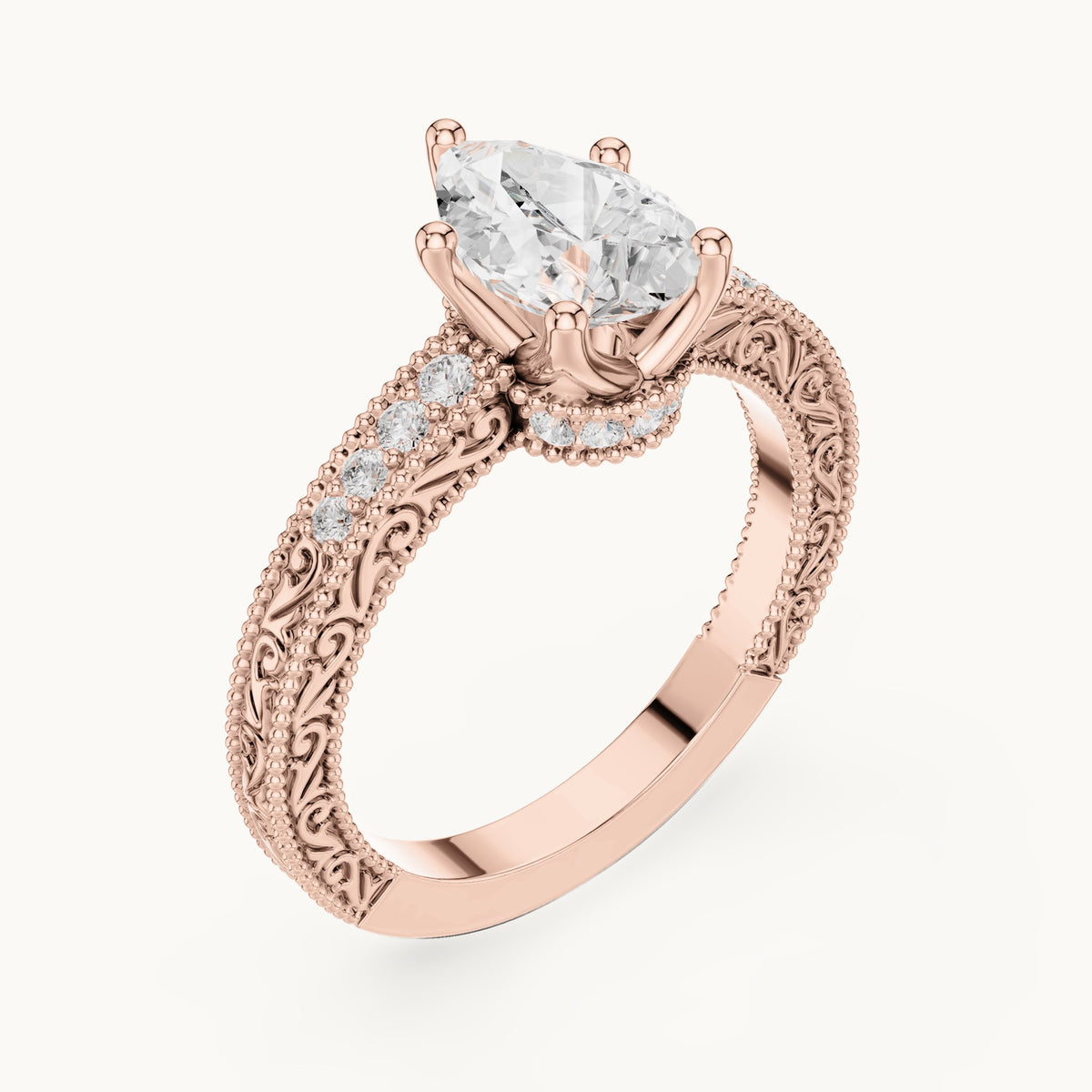 Pear and round lab-grown diamond vintage engraved pavé engagement ring in rose gold, 1.386 CT TW, view 2
