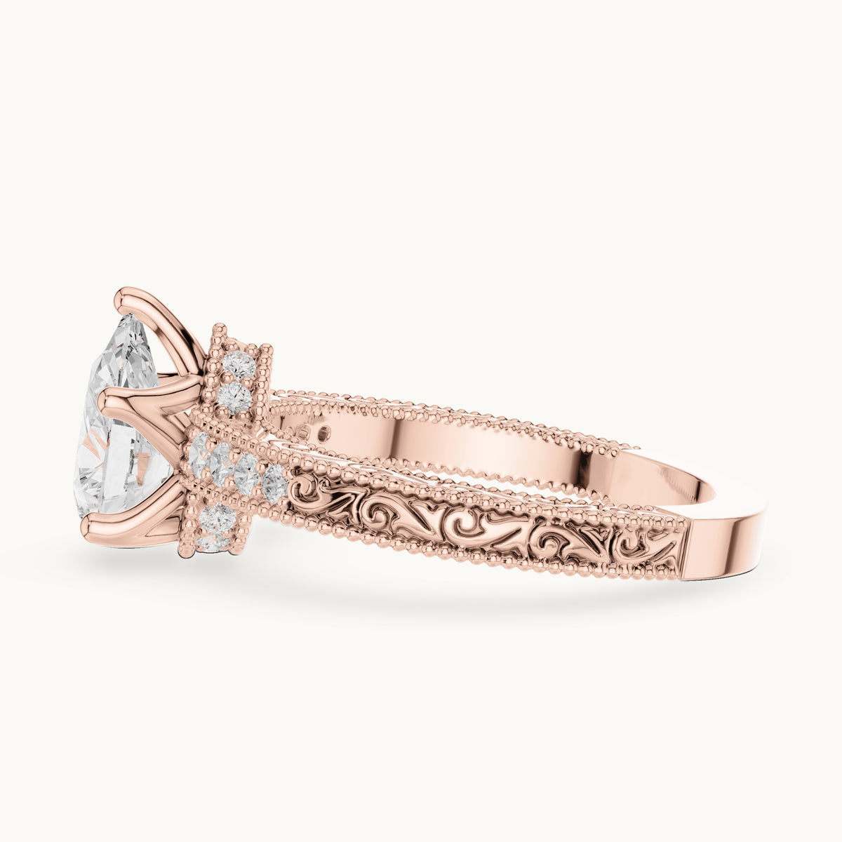 Pear and round lab-grown diamond vintage engraved pavé engagement ring in rose gold, 1.386 CT TW, view 3