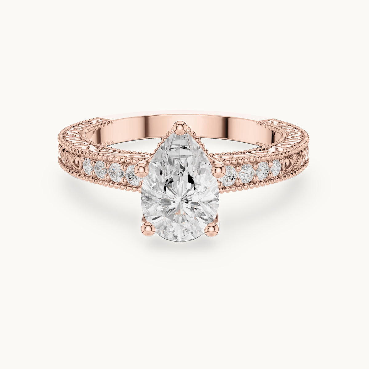 Pear and round lab-grown diamond vintage engraved pavé engagement ring in rose gold, 1.386 CT TW, view 4