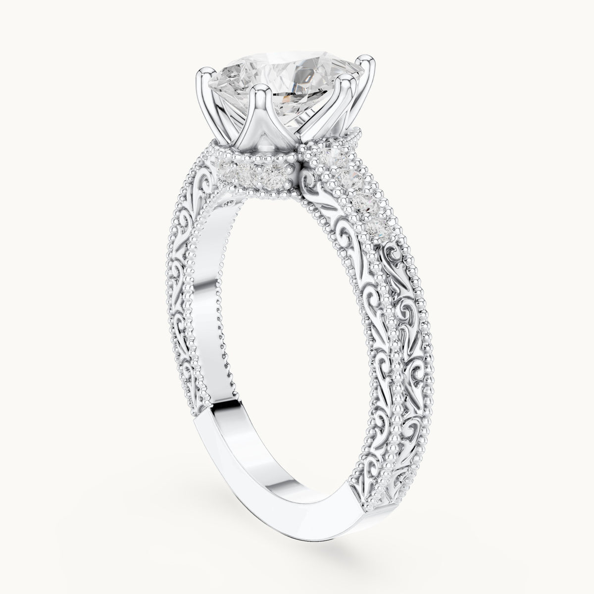 Pear and round lab-grown diamond vintage engraved pavé engagement ring in white gold, 1.386 CT TW, view 1