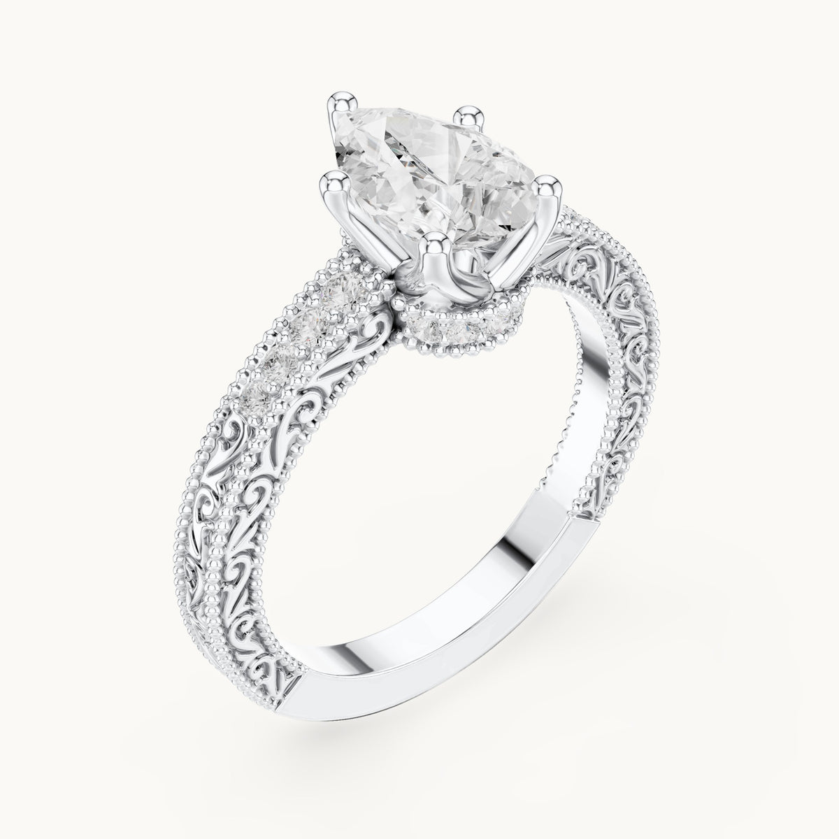 Pear and round lab-grown diamond vintage engraved pavé engagement ring in white gold, 1.386 CT TW, view 2