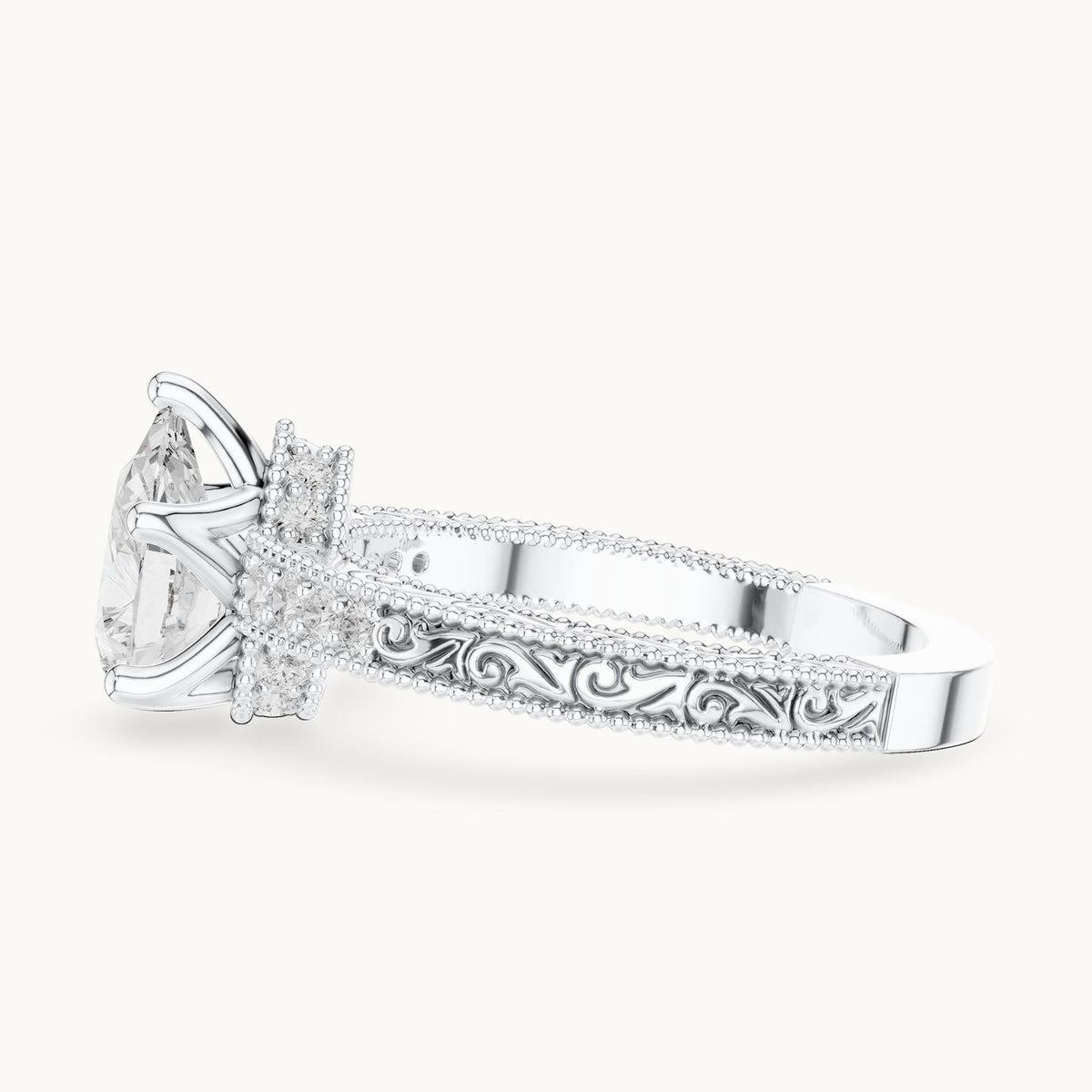 Pear and round lab-grown diamond vintage engraved pavé engagement ring in white gold, 1.386 CT TW, view 3