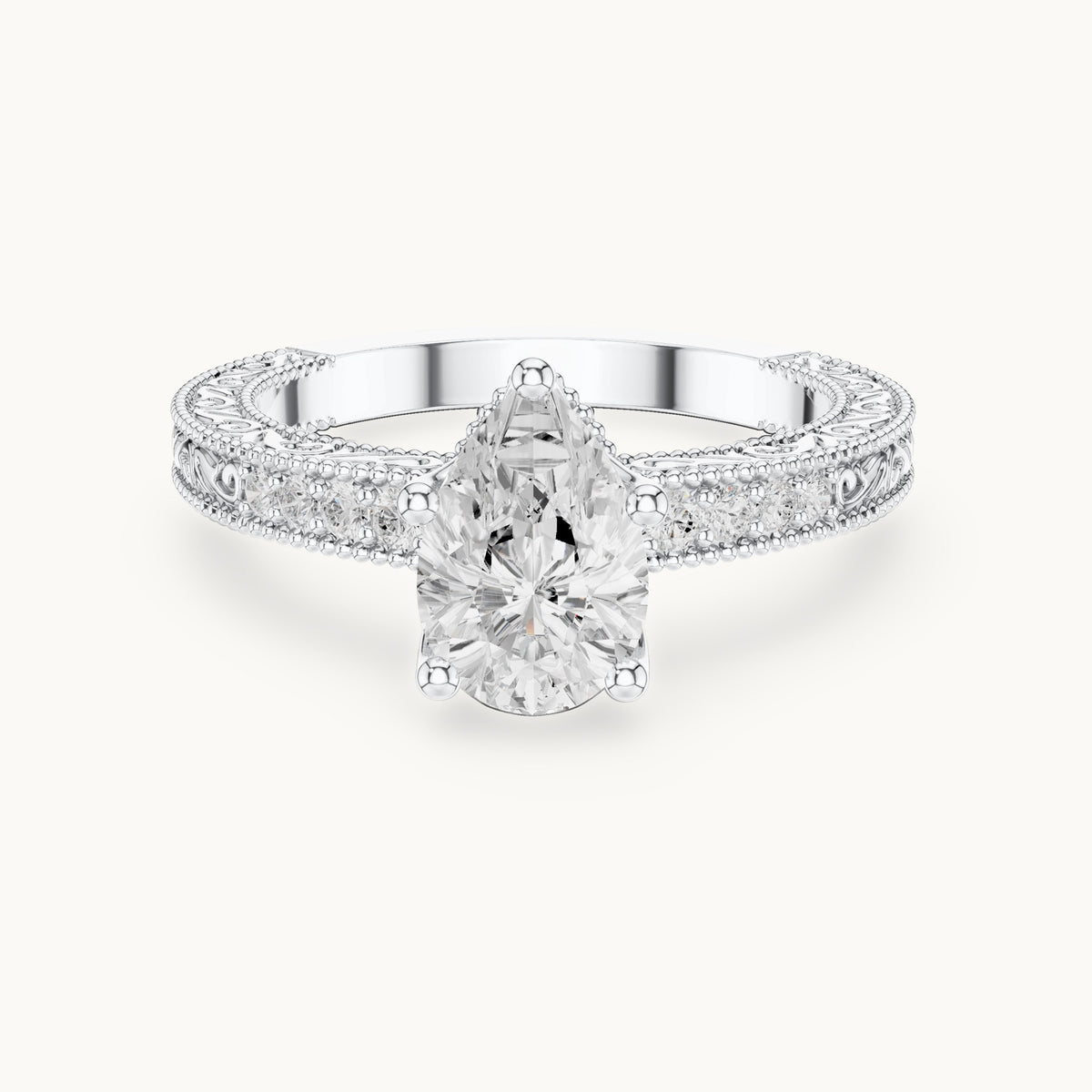 Pear and round lab-grown diamond vintage engraved pavé engagement ring in white gold, 1.386 CT TW, view 4