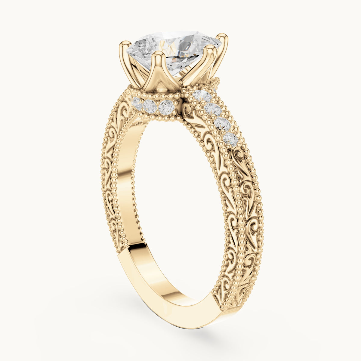 Pear and round lab-grown diamond vintage engraved pavé engagement ring in yellow gold, 1.386 CT TW, view 1