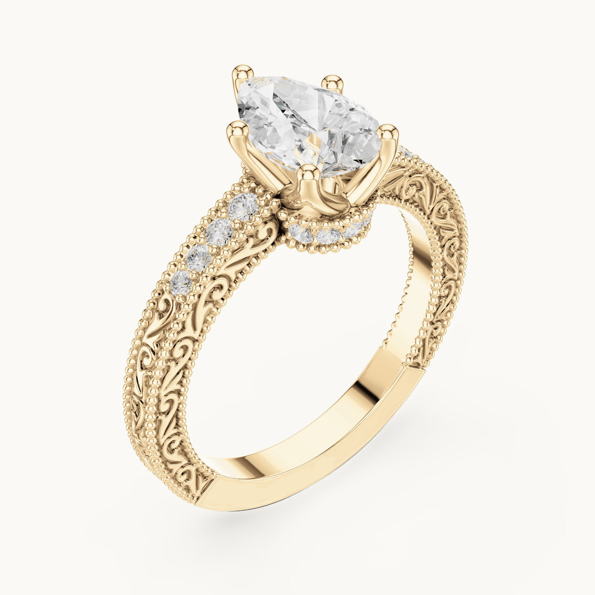 Pear and round lab-grown diamond vintage engraved pavé engagement ring in yellow gold, 1.386 CT TW, view 2