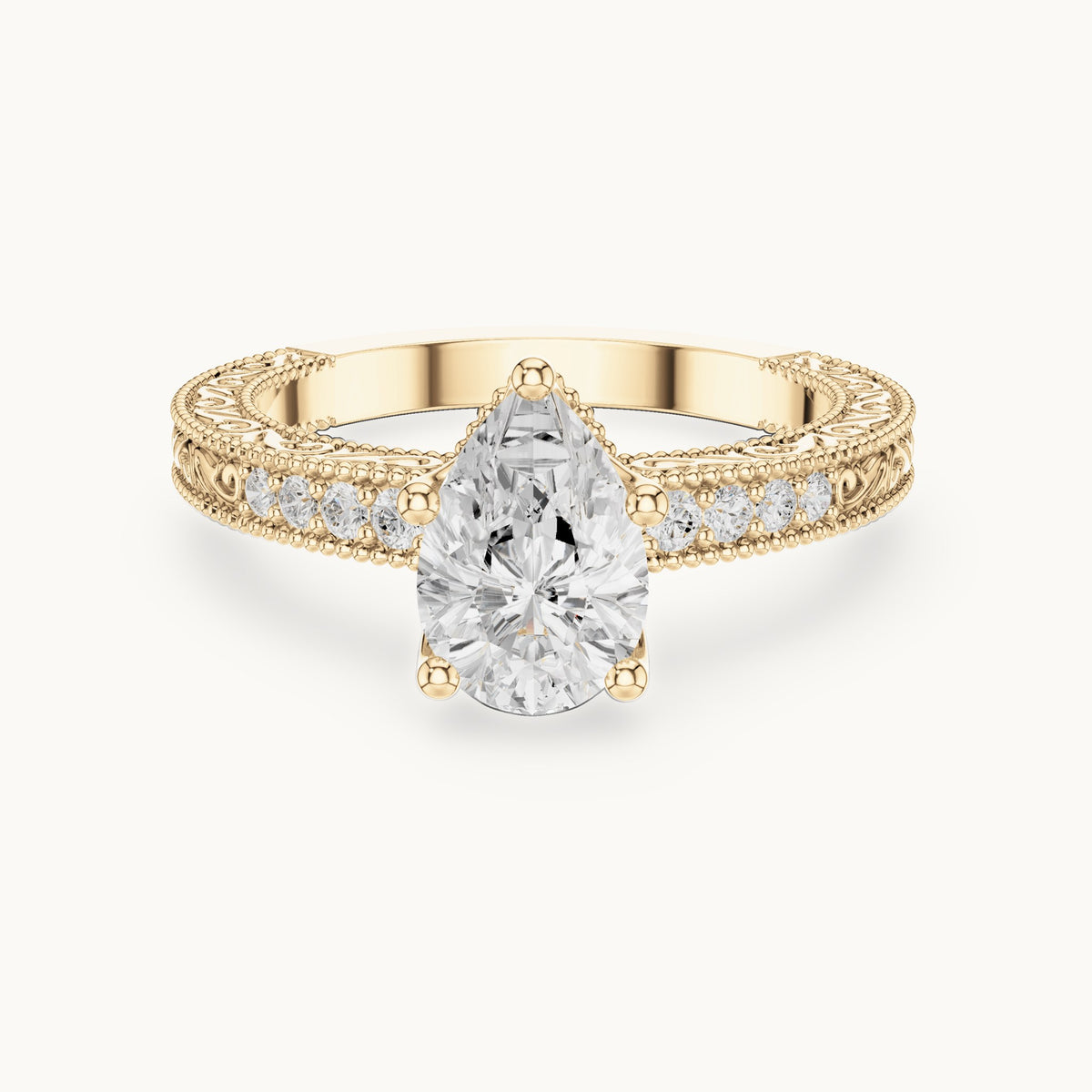 Pear and round lab-grown diamond vintage engraved pavé engagement ring in yellow gold, 1.386 CT TW, view 4