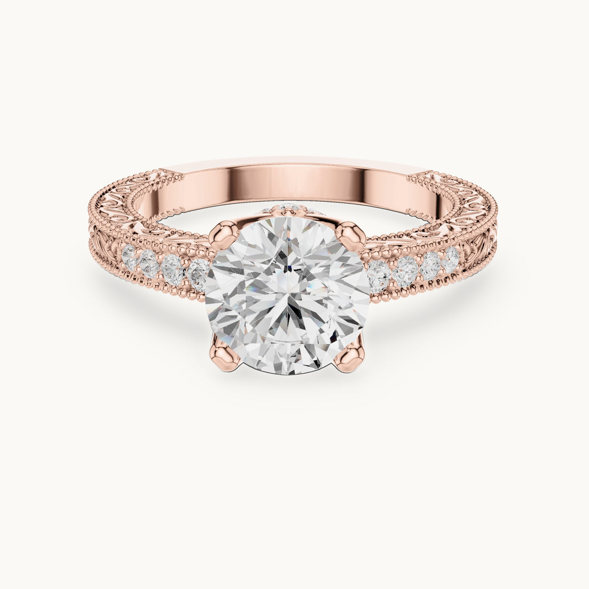 Round lab-grown diamond vintage engraved engagement ring in rose gold, 2.21 CT TW, view 4
