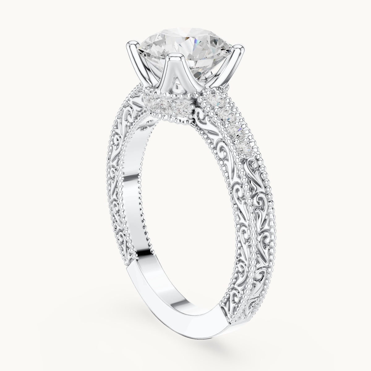 Round lab-grown diamond vintage engraved engagement ring in white gold, 2.21 CT TW, view 1
