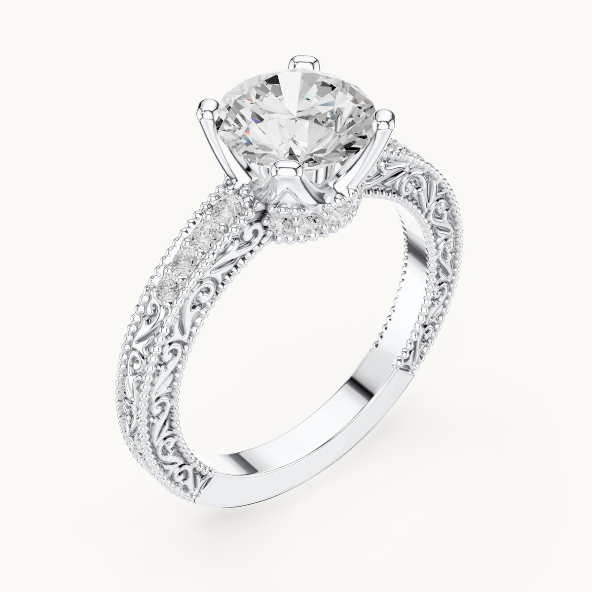Round lab-grown diamond vintage engraved engagement ring in white gold, 2.21 CT TW, view 2