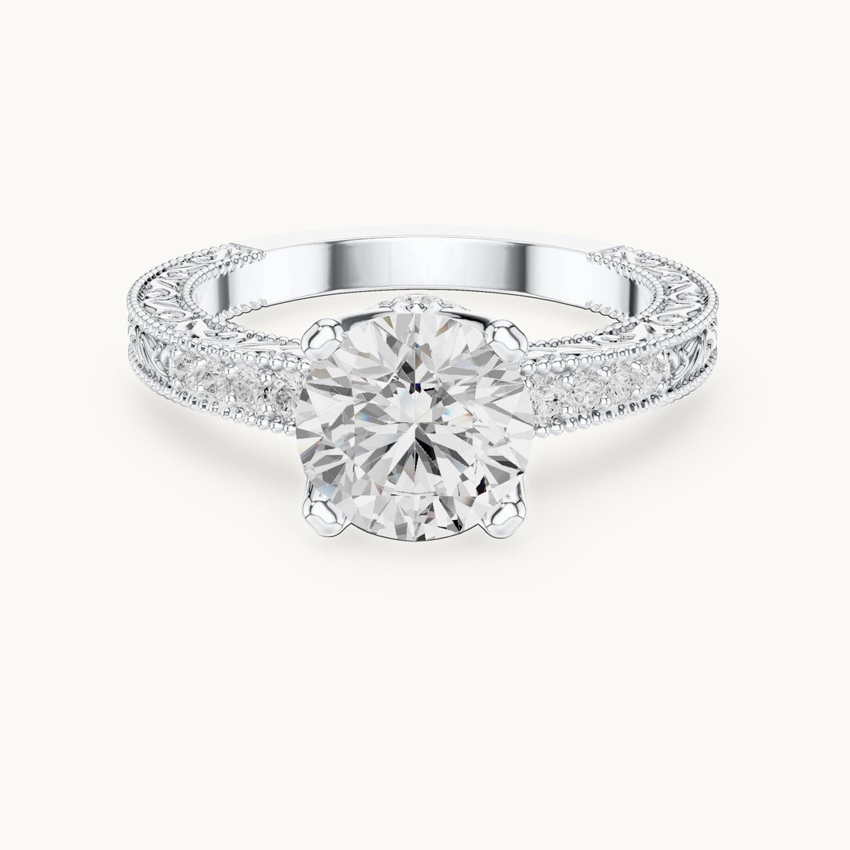 Round lab-grown diamond vintage engraved engagement ring in white gold, 2.21 CT TW, view 4