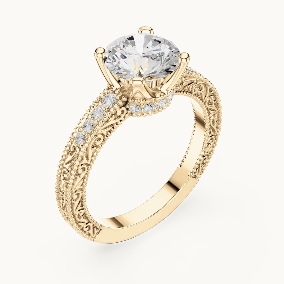 Round lab-grown diamond vintage engraved engagement ring in yellow gold, 2.21 CT TW, view 2
