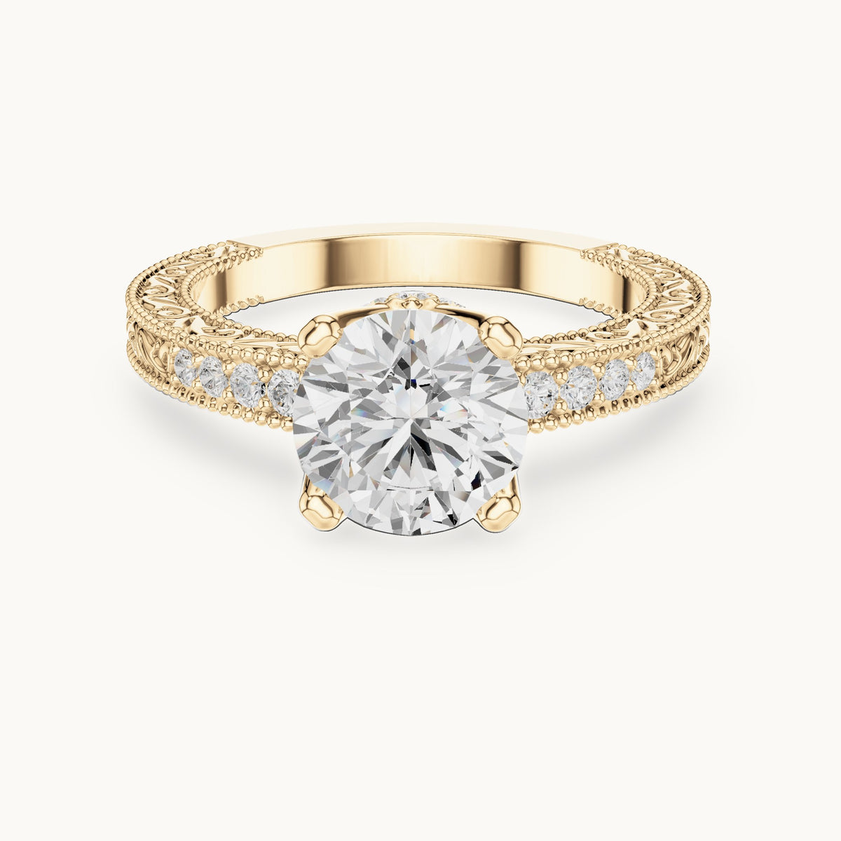Round lab-grown diamond vintage engraved engagement ring in yellow gold, 2.21 CT TW, view 4