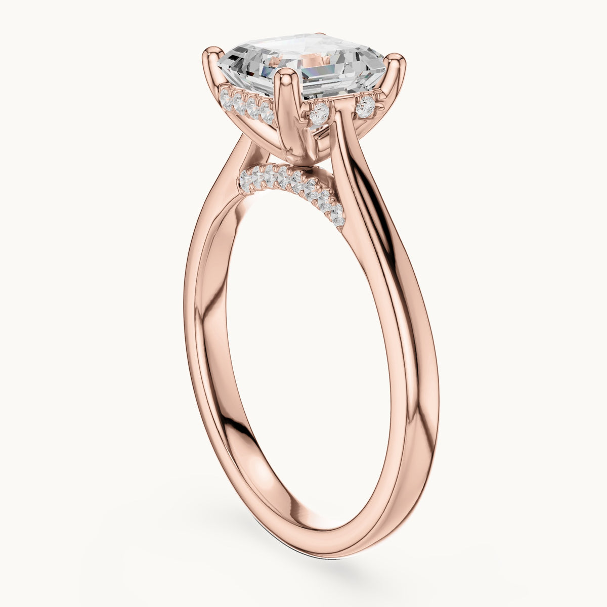 Square emerald-cut and round lab-grown diamond hidden halo solitaire engagement ring in rose gold, 1.92 CT TW, view 1
