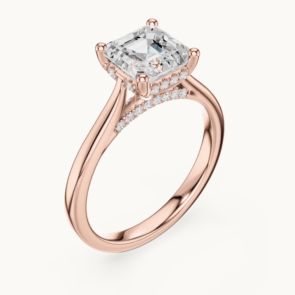 Square emerald-cut and round lab-grown diamond hidden halo solitaire engagement ring in rose gold, 1.92 CT TW, view 2
