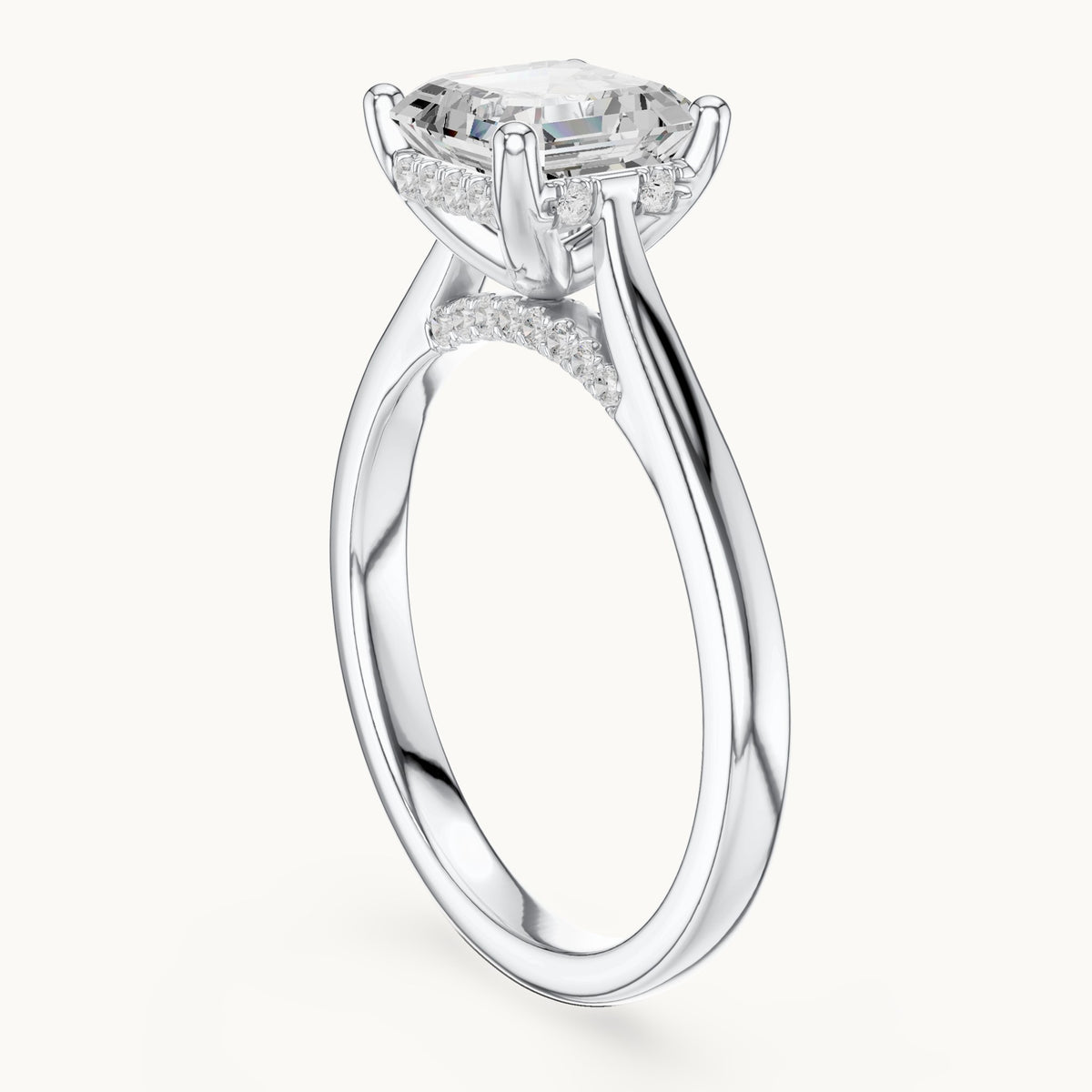 Square emerald-cut and round lab-grown diamond hidden halo solitaire engagement ring in white gold, 1.92 CT TW, view 1