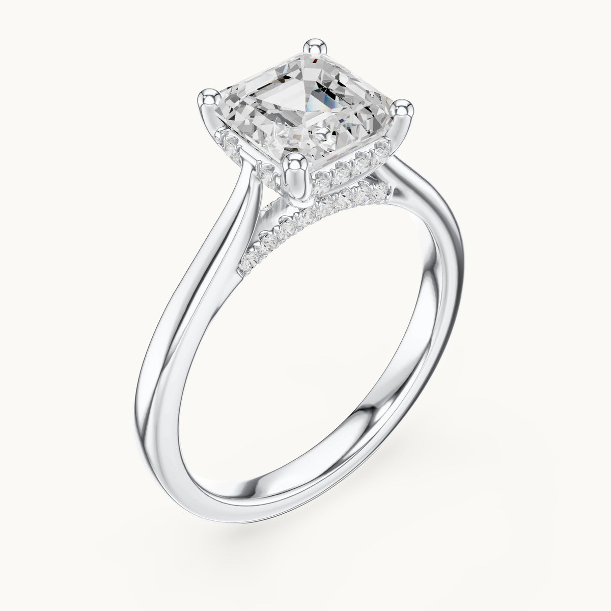 Square emerald-cut and round lab-grown diamond hidden halo solitaire engagement ring in white gold, 1.92 CT TW, view 2
