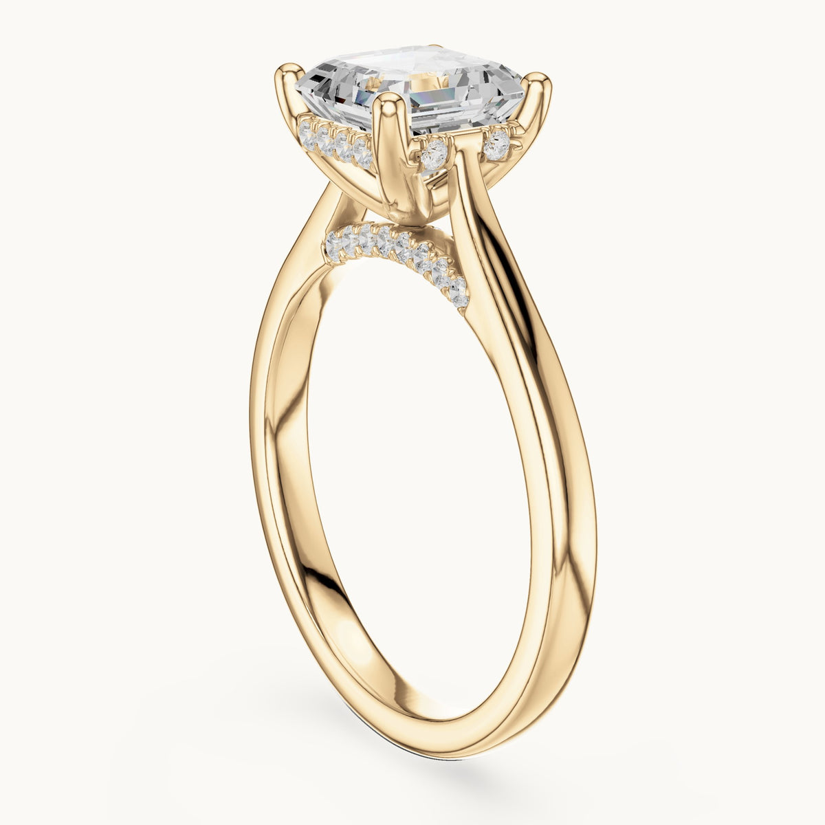 Square emerald-cut and round lab-grown diamond hidden halo solitaire engagement ring in yellow gold, 1.92 CT TW, view 1