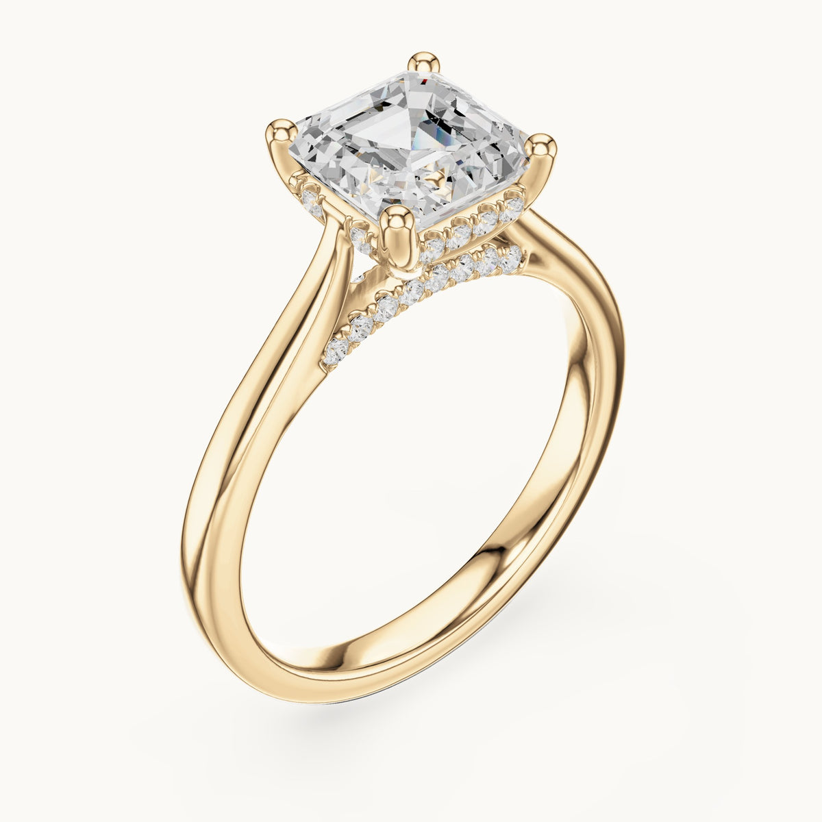 Square emerald-cut and round lab-grown diamond hidden halo solitaire engagement ring in yellow gold, 1.92 CT TW, view 2