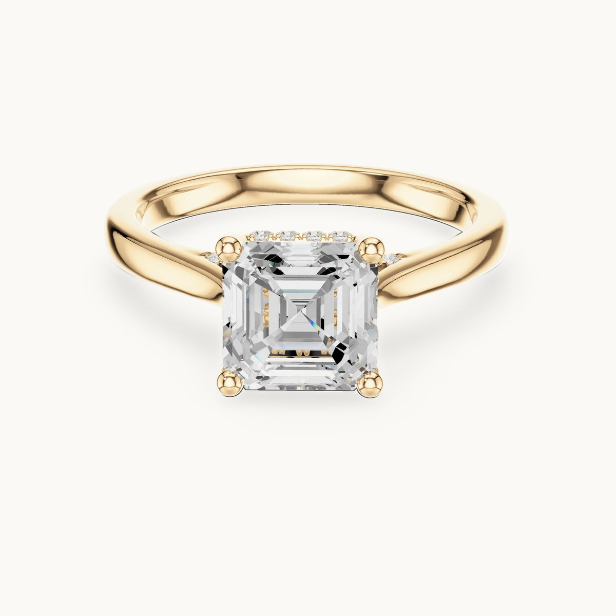 Square emerald-cut and round lab-grown diamond hidden halo solitaire engagement ring in yellow gold, 1.92 CT TW, view 4