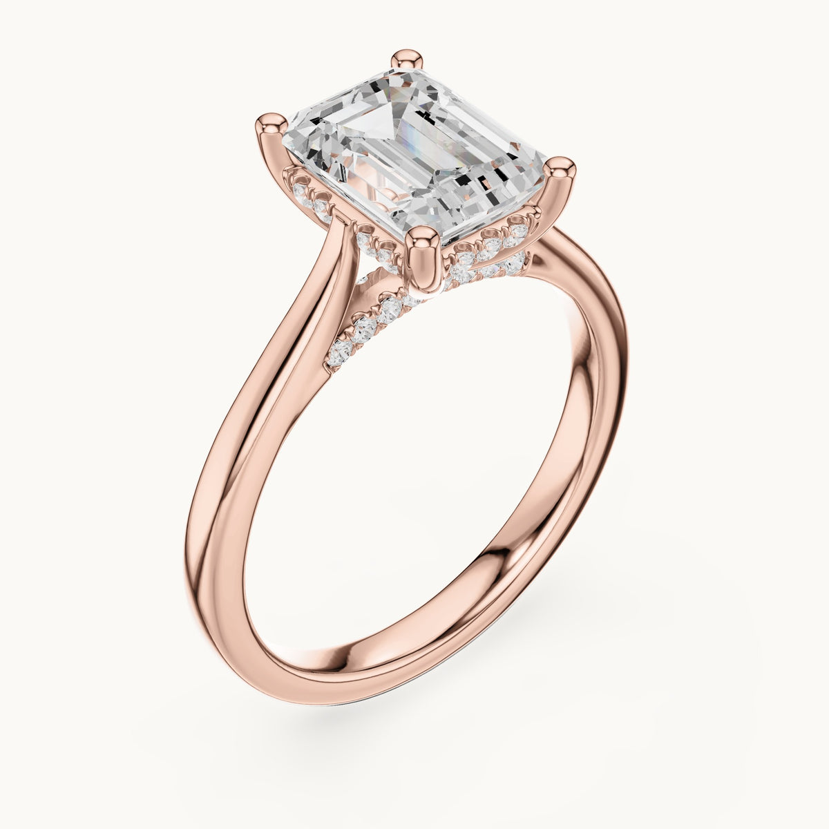 Emerald-cut and round lab-grown diamond hidden halo solitaire engagement ring in rose gold, 2.23 CT TW, view 2