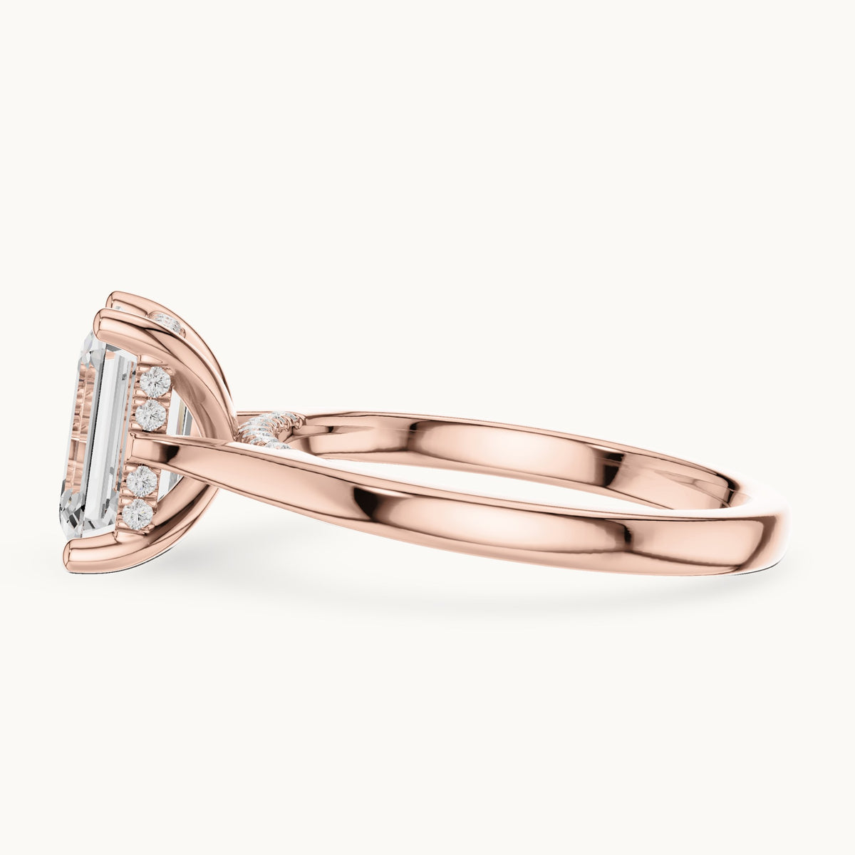 Emerald-cut and round lab-grown diamond hidden halo solitaire engagement ring in rose gold, 2.23 CT TW, view 3