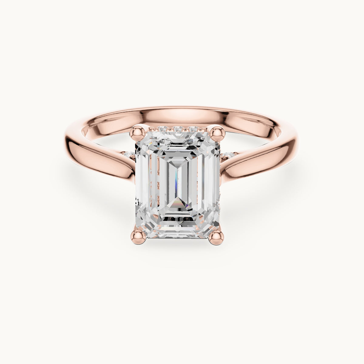 Emerald-cut and round lab-grown diamond hidden halo solitaire engagement ring in rose gold, 2.23 CT TW, view 4