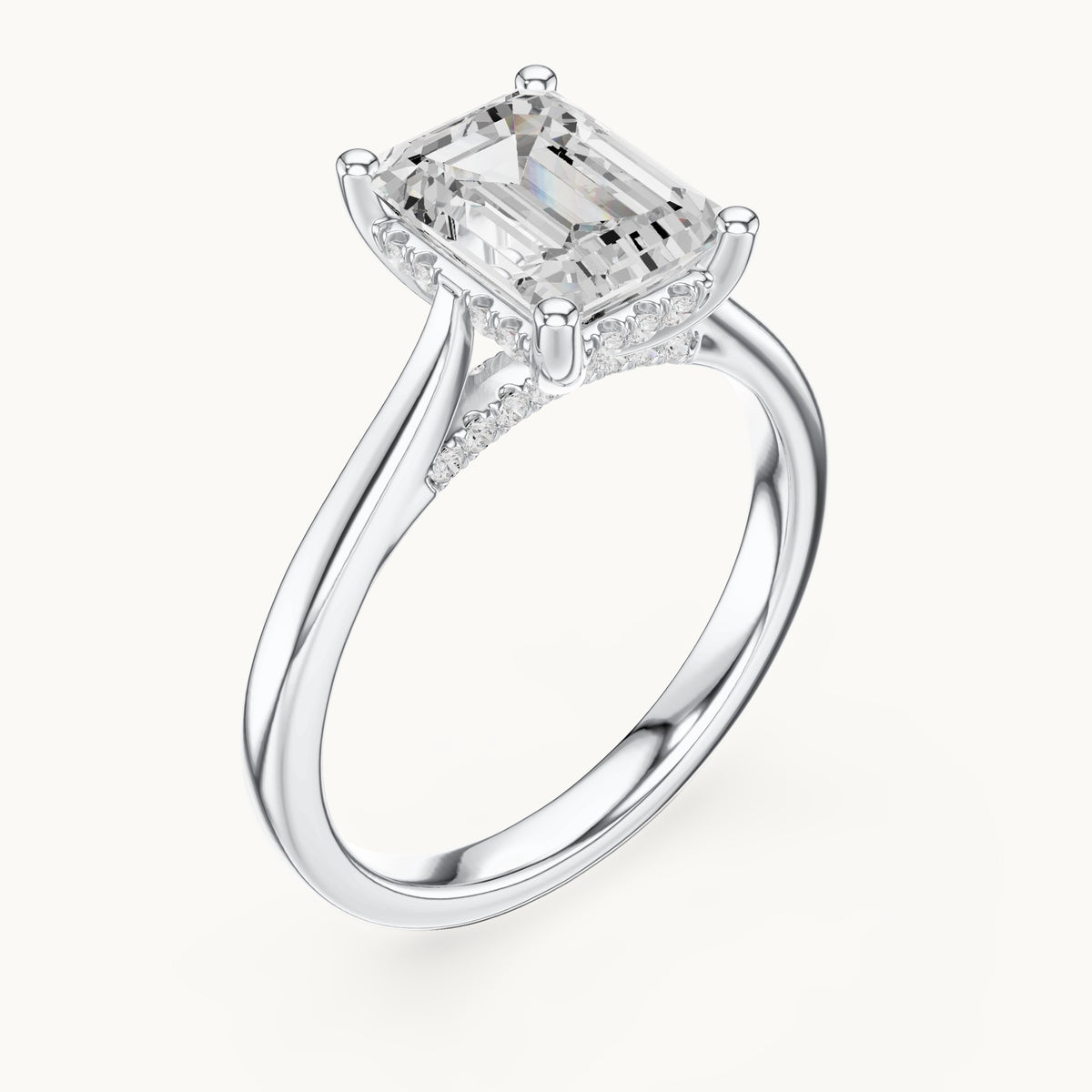 Emerald-cut and round lab-grown diamond hidden halo solitaire engagement ring in white gold, 2.23 CT TW, view 2