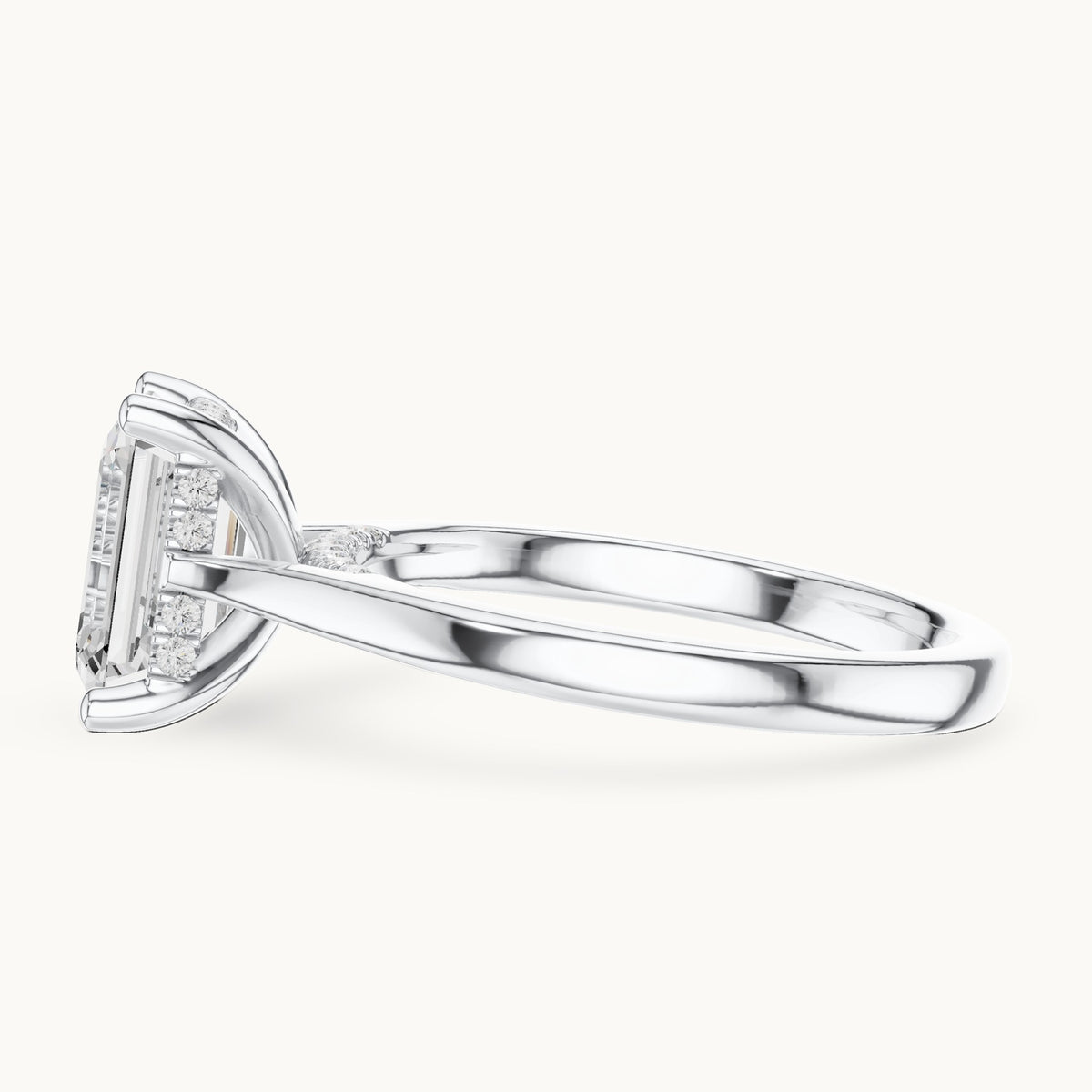 Emerald-cut and round lab-grown diamond hidden halo solitaire engagement ring in white gold, 2.23 CT TW, view 3