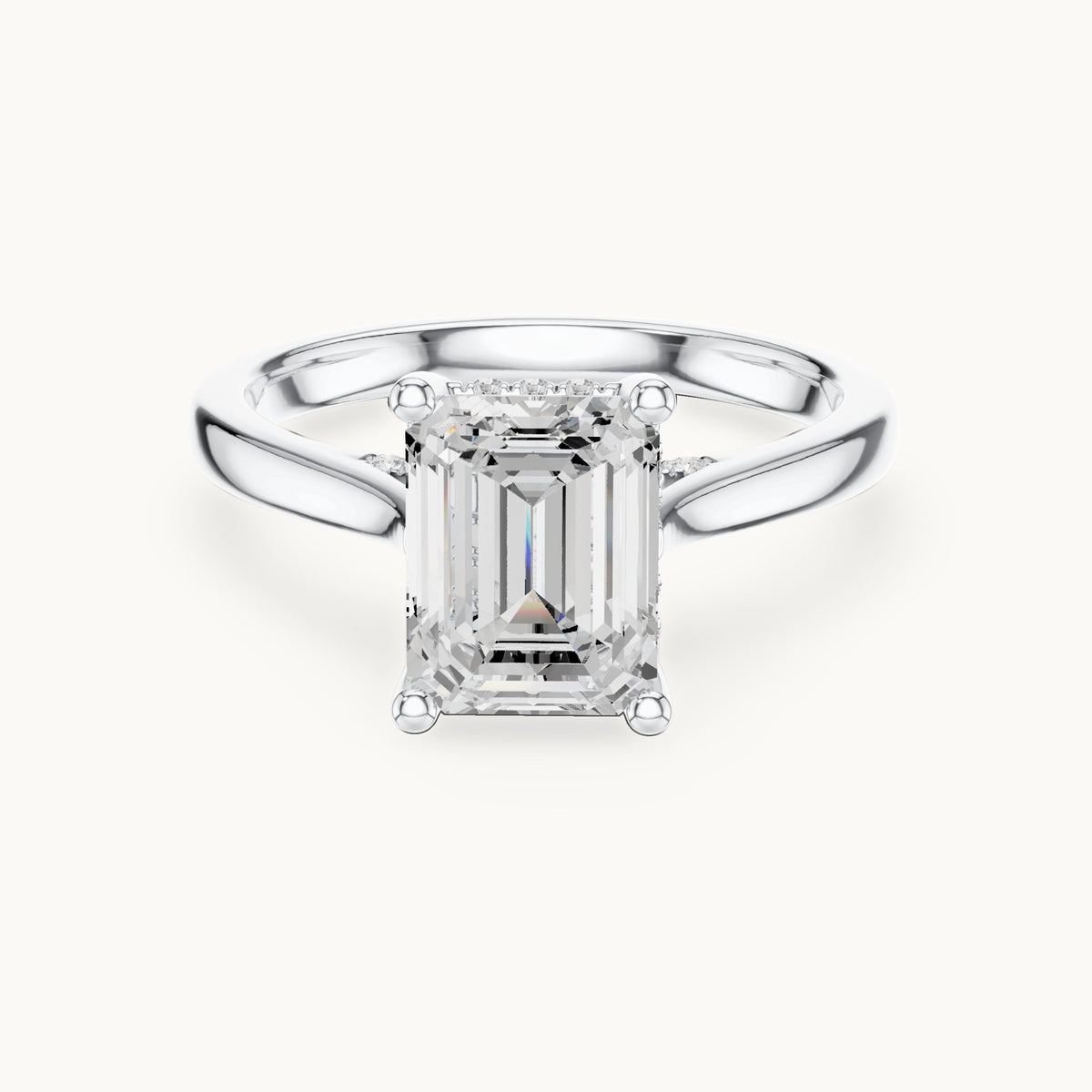 Emerald-cut and round lab-grown diamond hidden halo solitaire engagement ring in white gold, 2.23 CT TW, view 4
