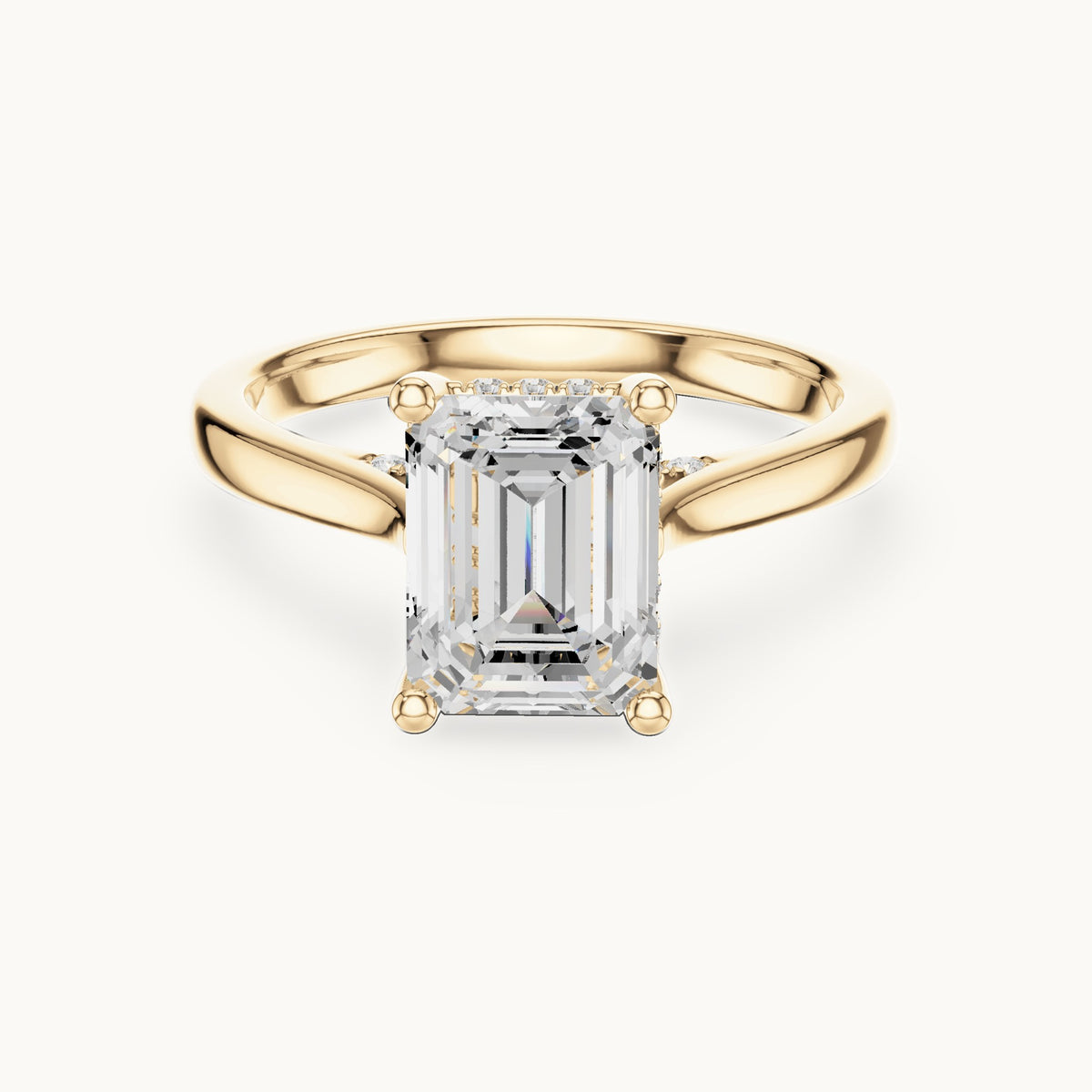 Emerald-cut and round lab-grown diamond hidden halo solitaire engagement ring in yellow gold, 2.23 CT TW, view 4