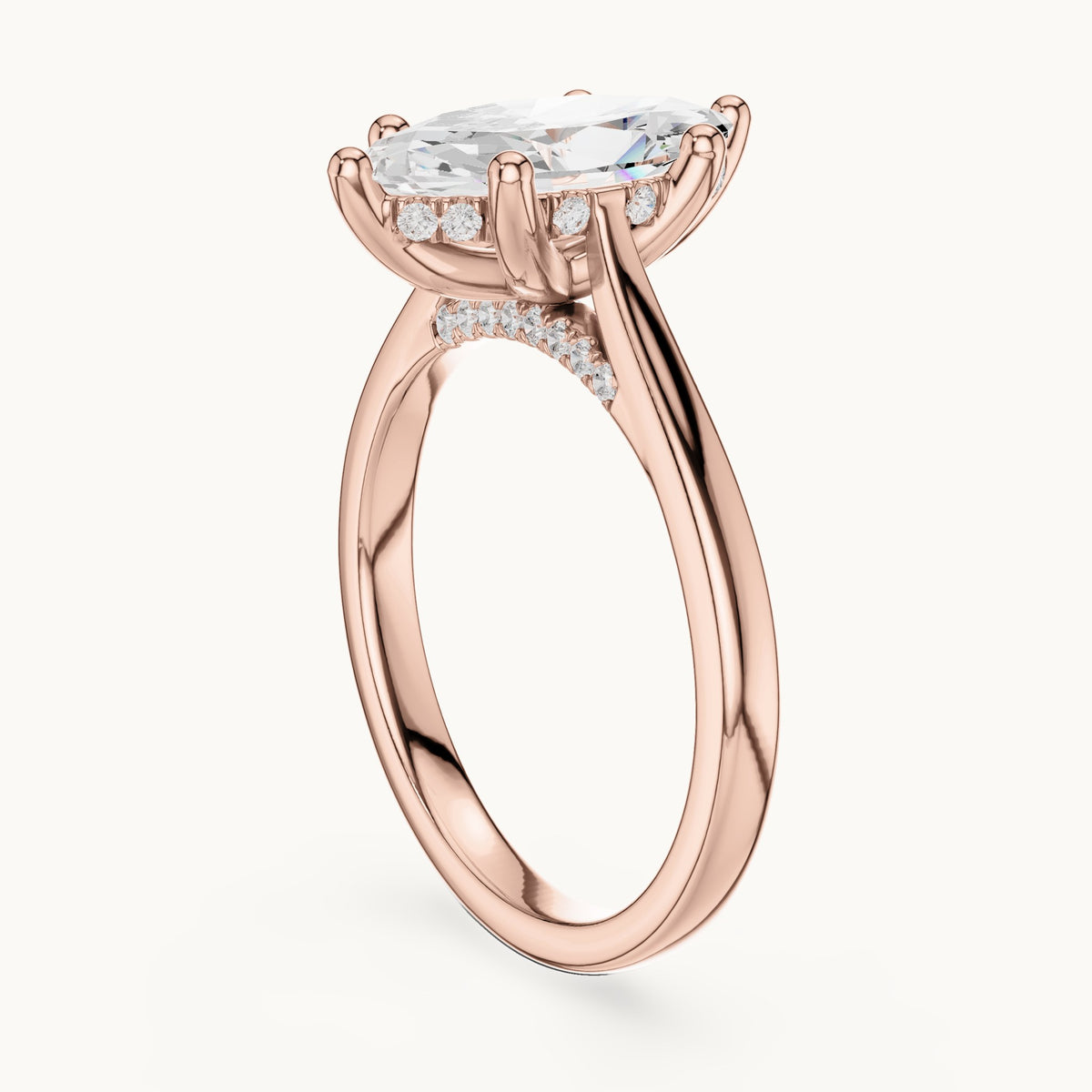 Marquise and round lab-grown diamond hidden halo solitaire engagement ring in rose gold, 1.93 CT TW, view 1