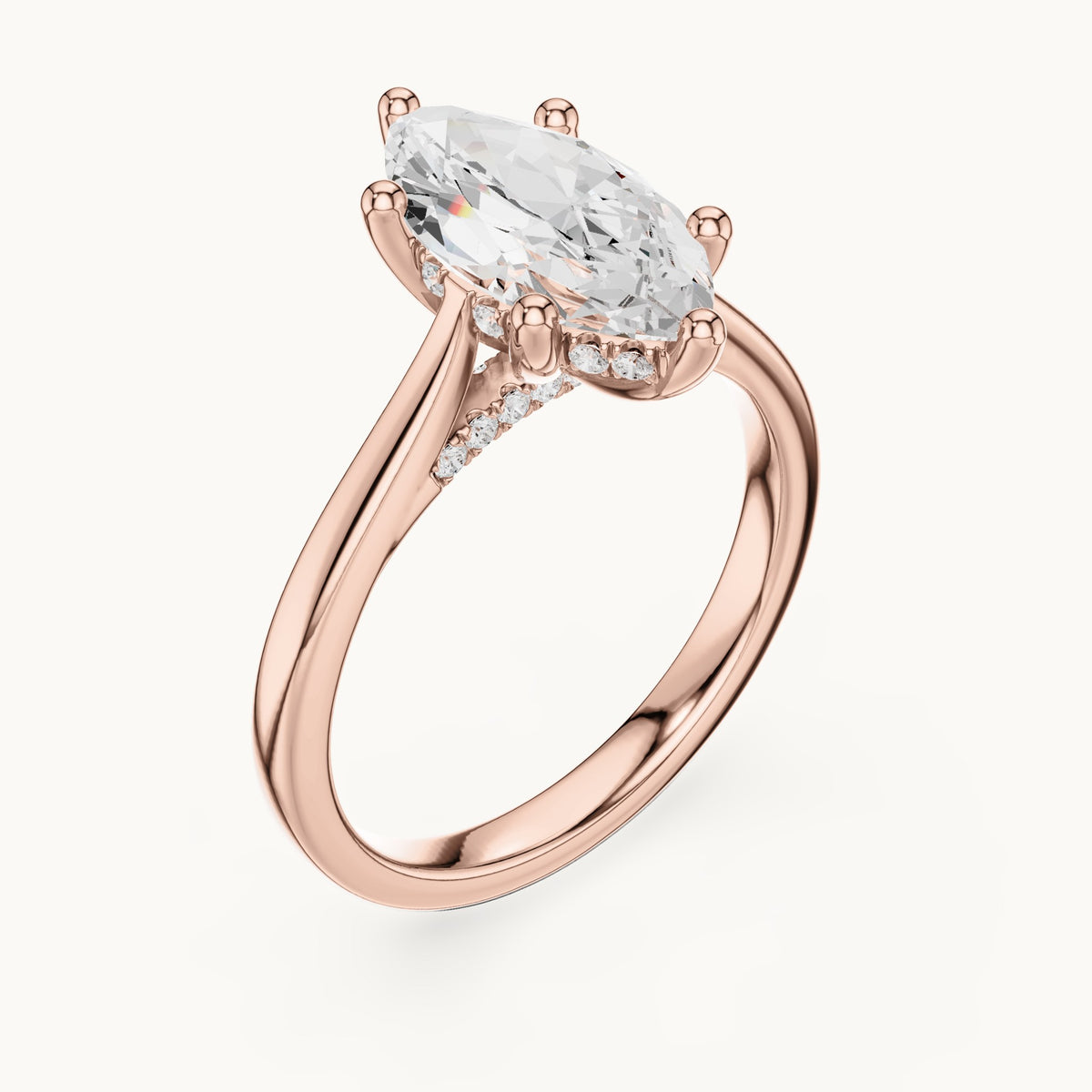 Marquise and round lab-grown diamond hidden halo solitaire engagement ring in rose gold, 1.93 CT TW, view 2