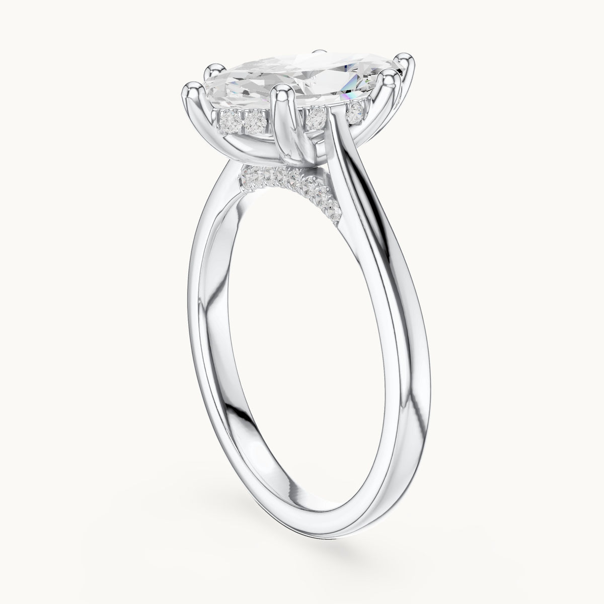 Marquise and round lab-grown diamond hidden halo solitaire engagement ring in white gold, 1.93 CT TW, view 1