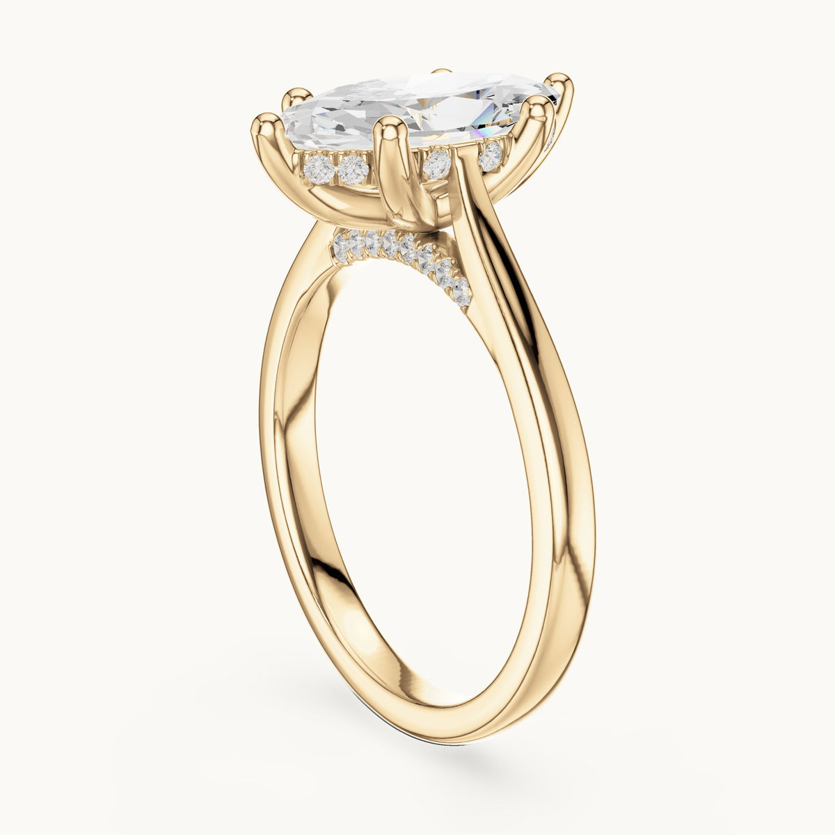 Marquise and round lab-grown diamond hidden halo solitaire engagement ring in yellow gold, 1.93 CT TW, view 1