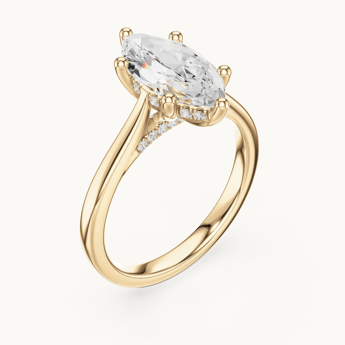 Marquise and round lab-grown diamond hidden halo solitaire engagement ring in yellow gold, 1.93 CT TW, view 2