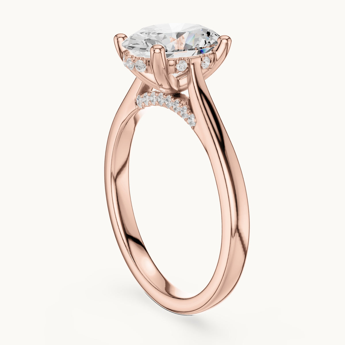 Oval and round lab-grown diamond hidden halo solitaire engagement ring in rose gold, 1.82 CT TW, view 1