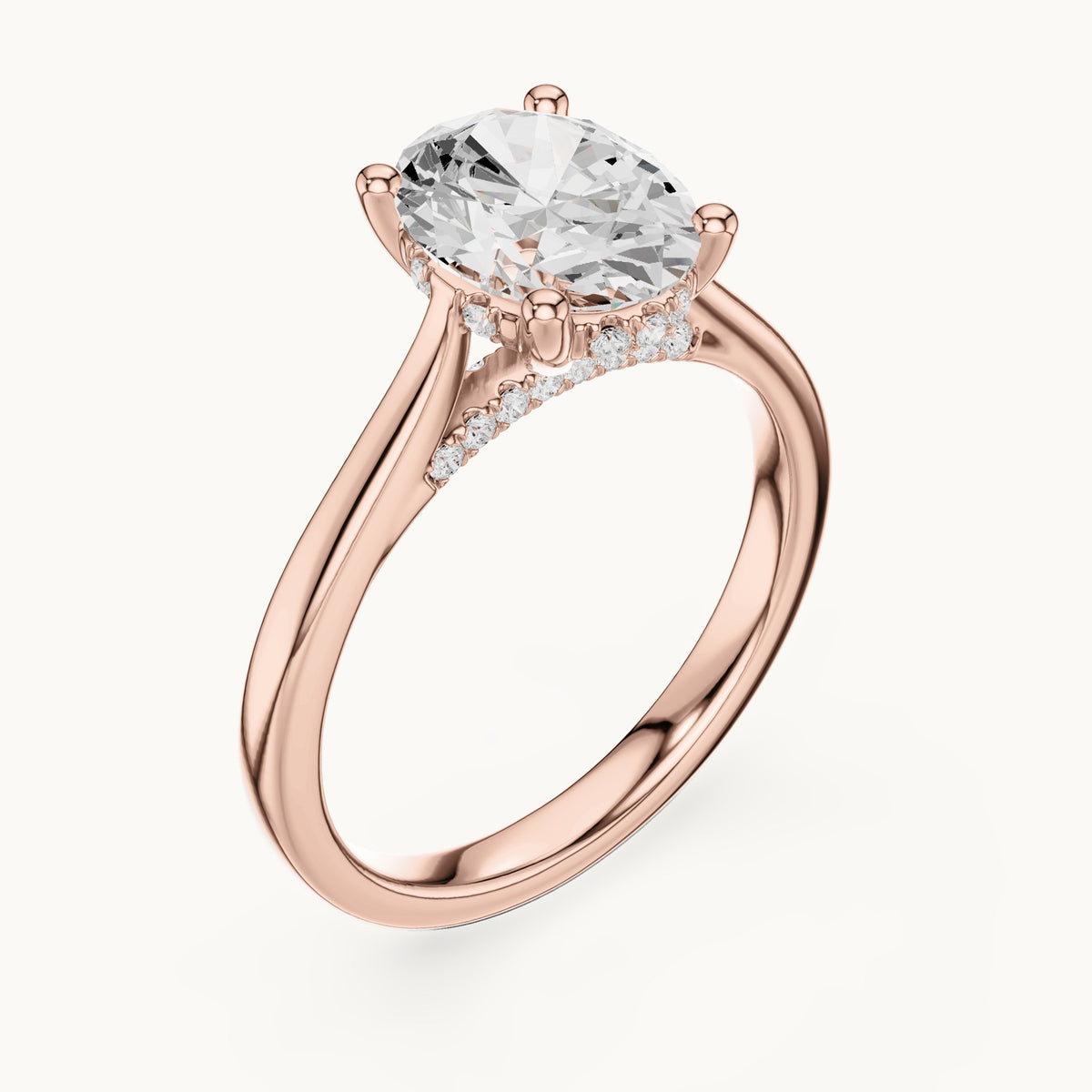 Oval and round lab-grown diamond hidden halo solitaire engagement ring in rose gold, 1.82 CT TW, view 2