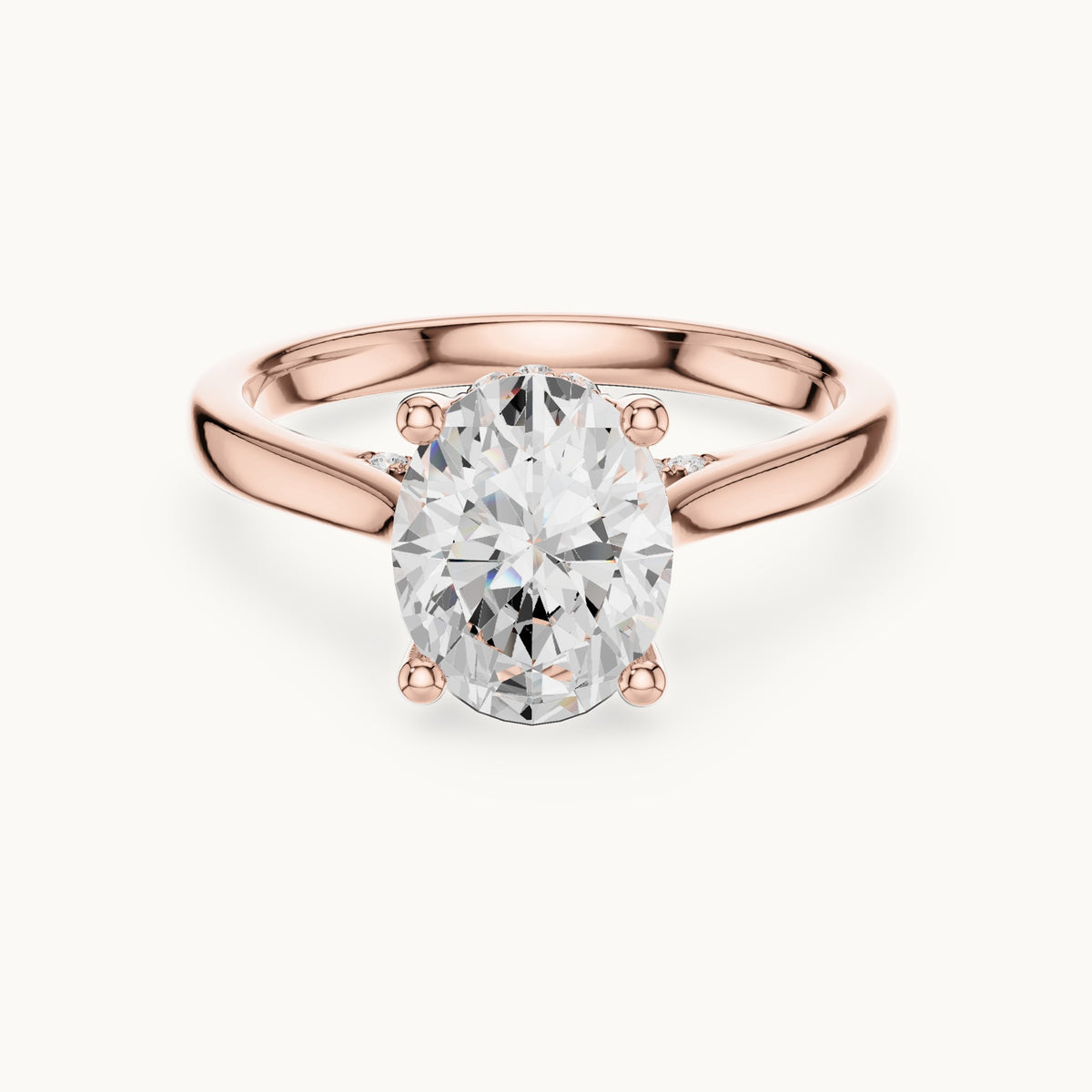Oval and round lab-grown diamond hidden halo solitaire engagement ring in rose gold, 1.82 CT TW, view 4